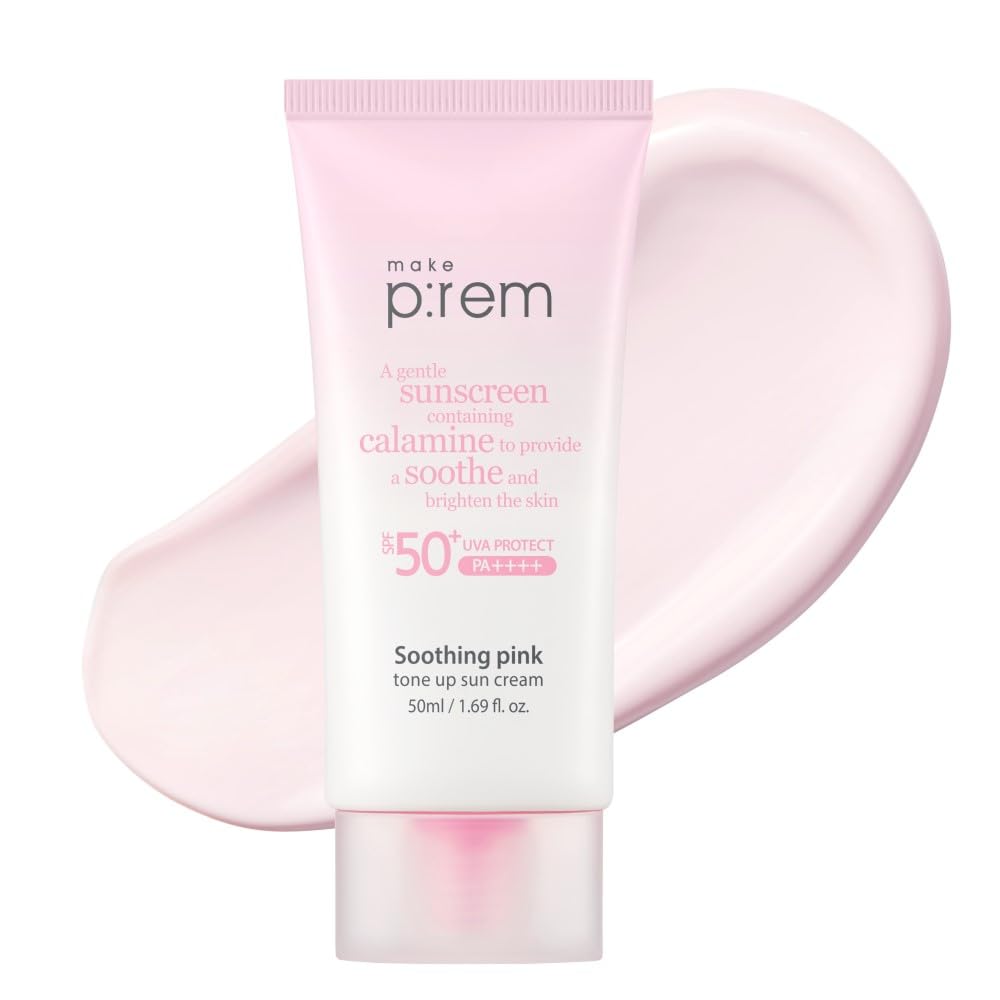MAKE P:REM Soothing Pink Tone Up Sunscreen, Mineral Sunscreen for Dehydrated Skin, Lightweight, Non-Greasy Formula, Skin Tone Correction, Korean Sunscreen, SPF 50, 1.69 Fl. Oz. 50ml
