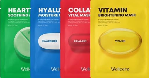 ELT Wellcero Korean Face Masks(4pack 20 Sheet Masks), Brightening Mask, Vitamin C, Anti-Aging Wrinkle Fighting, Deep Collagen Mask, Korean Skin care