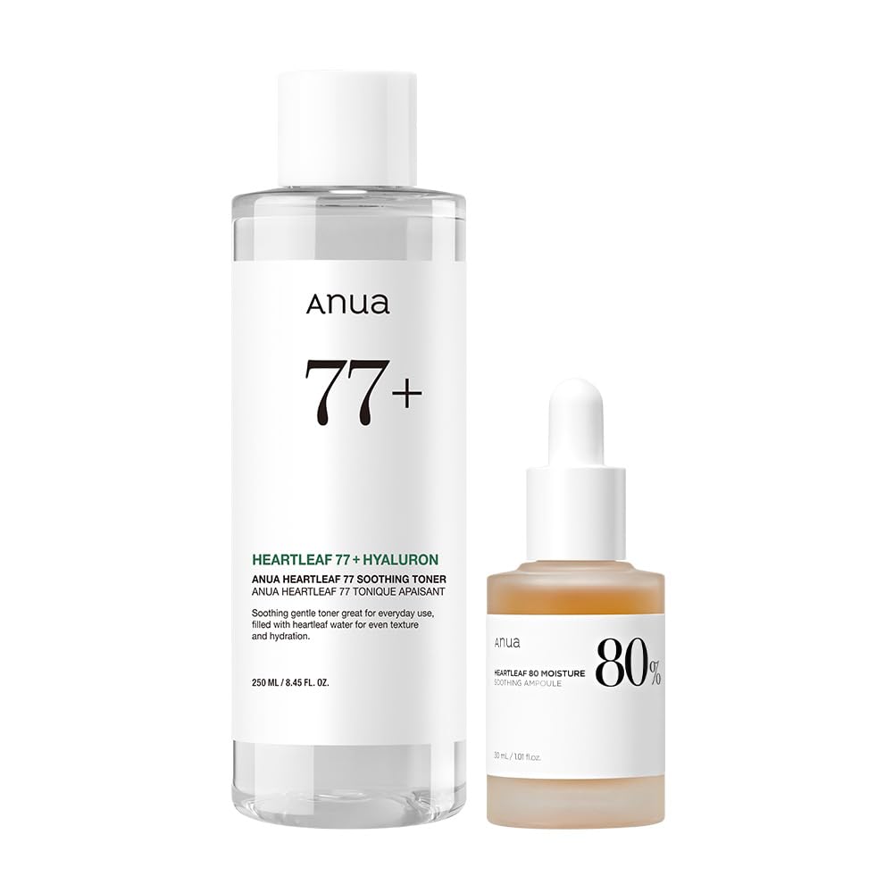 ANUA Skin Relief Duo for Calming Skin, Heartleaf 77 pH 5.5 Soothing Toner, Heartleaf 80 Calming Ampoule for Sensitive Skin, panthenol B5, Hydrating, Soothing Effect, Vegan, Korean Skincare Set