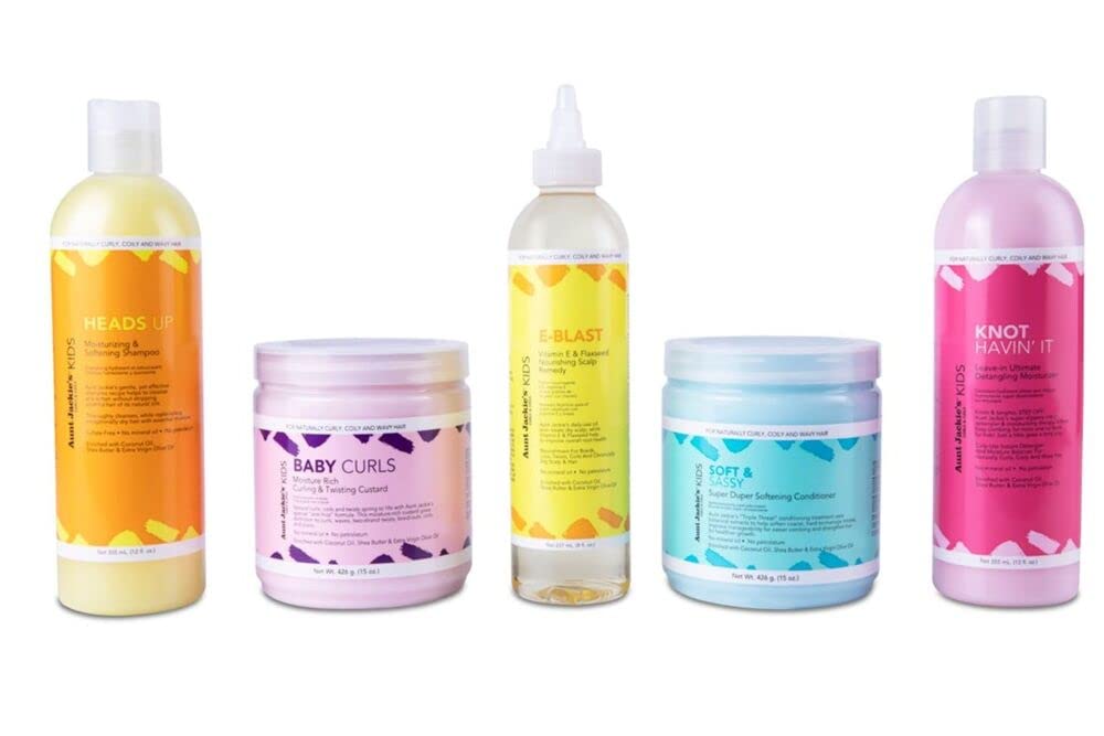 AUNT JACKIE'S Kids Hair Care Bundle 5 Full-Size Products for Easier Combing, Styling & Nourishing Hair Made with Natural Herbal & Botanical Ingredients (12 oz, 15 oz, 8 oz)