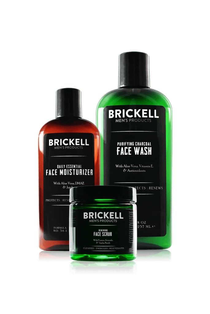 BRICKELL Men's Daily Advanced Face Care Routine II, Activated Charcoal Facial Cleanser, Face Scrub, Facial Moisturizer Lotion, Natural and Organic, Unscented