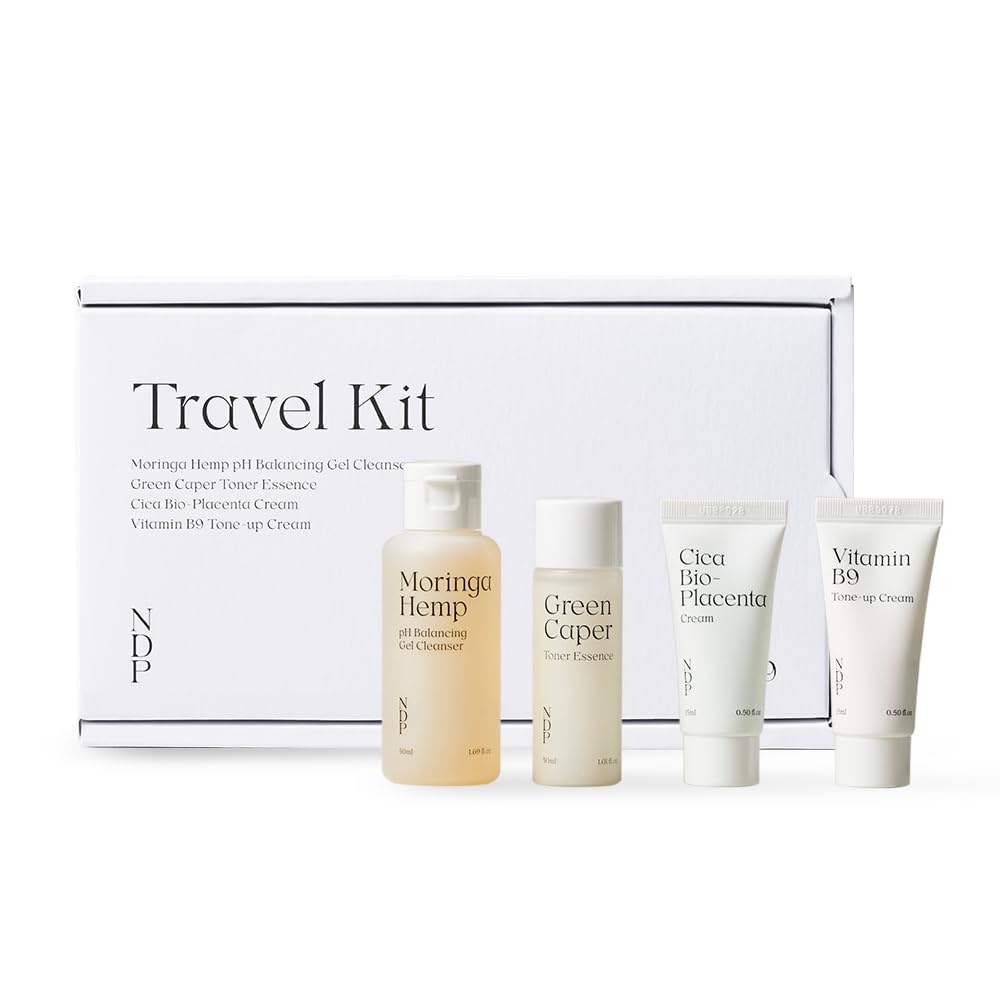 Travel Kit - Mini Travel Size Skincare Essentials - Moringa Hemp Gel Cleanser, Green Caper Toner Essence, Cica Bio-Placenta Cream, B9 Tone-Up Cream (4 items)