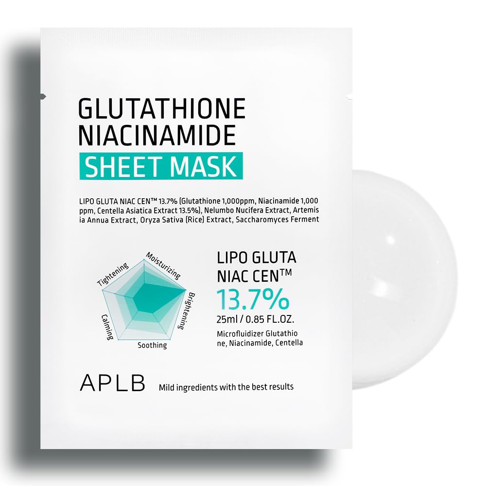 APLB Glutathione Niacinamide Sheet Mask 10pcs | LIPO GLUTA NIAC CENª 13.7% 0.85 FL.OZ/Korean Skincare, Deep hydration & Soothing, Sensitive Skin, Improve skin elasticity