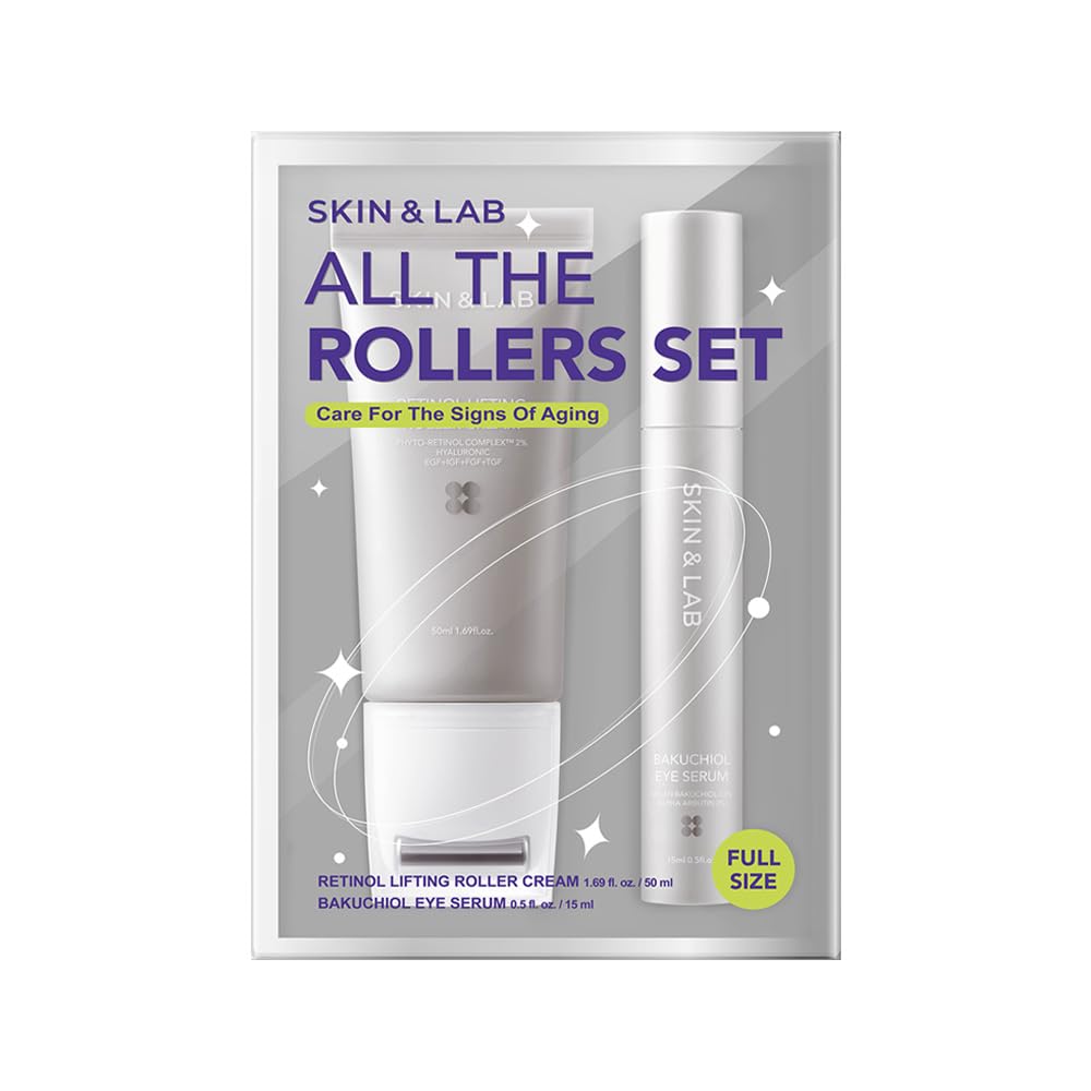 SKIN&LAB Anti-aging Rollers Duo Set, includes BAKUCHIOL Eye and Retinol Lifting Roller, Korean Vegan Skincare Gift Set, Gift for women, Christmas skincare gift set
