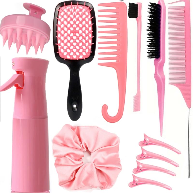 12 Pcs Hair Brush Set, 3 Pieces Slick Back Hair Brushes for Toddlers, Women, Detangling Brush for Wet Dry Curly Hair, Edge Bristles Wide Tooth Rat Tail Combs for Baby Girls (pink)