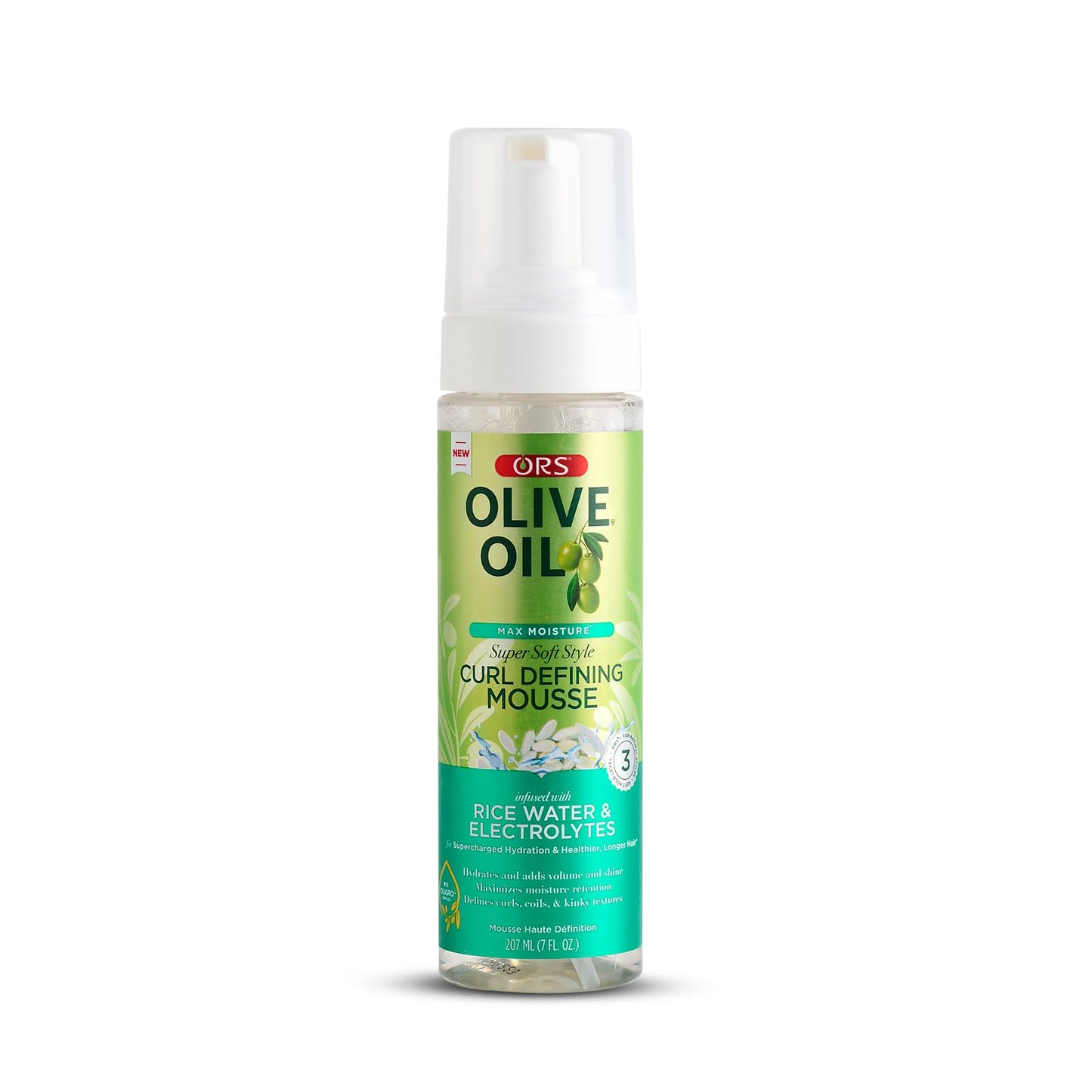 Olive Oil Max Moisture Super Soft Style Curl Defining Mousse infused with Rice Water & Electrolytes for Supercharged Hydration & Growth (7.0 oz)
