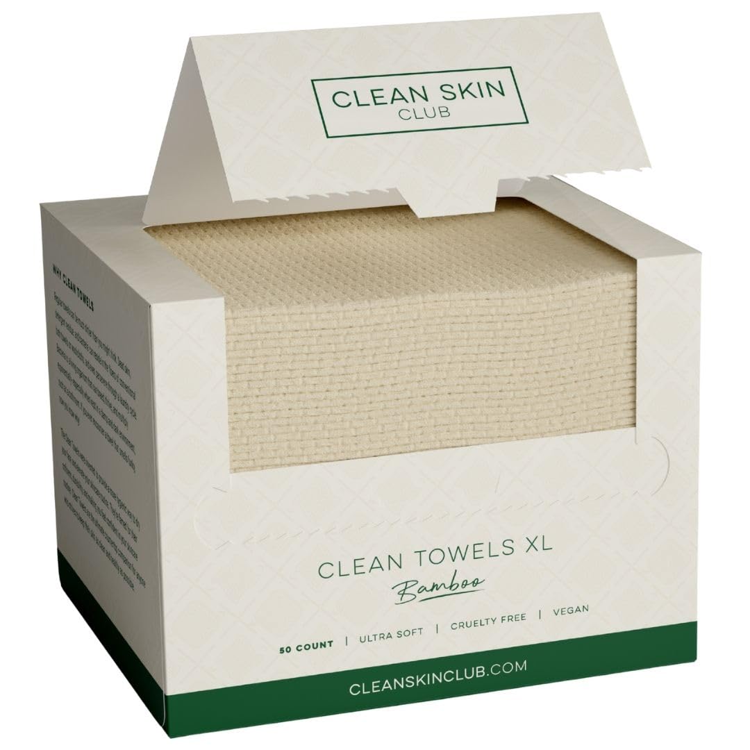 Clean Skin Club Bamboo Viscose Clean Towels XLª, 100% USDA Biobased Face Towel, Disposable Face Towelette, Makeup Remover Dry Wipes, Ultra Soft, 50 Ct, 1 Pack