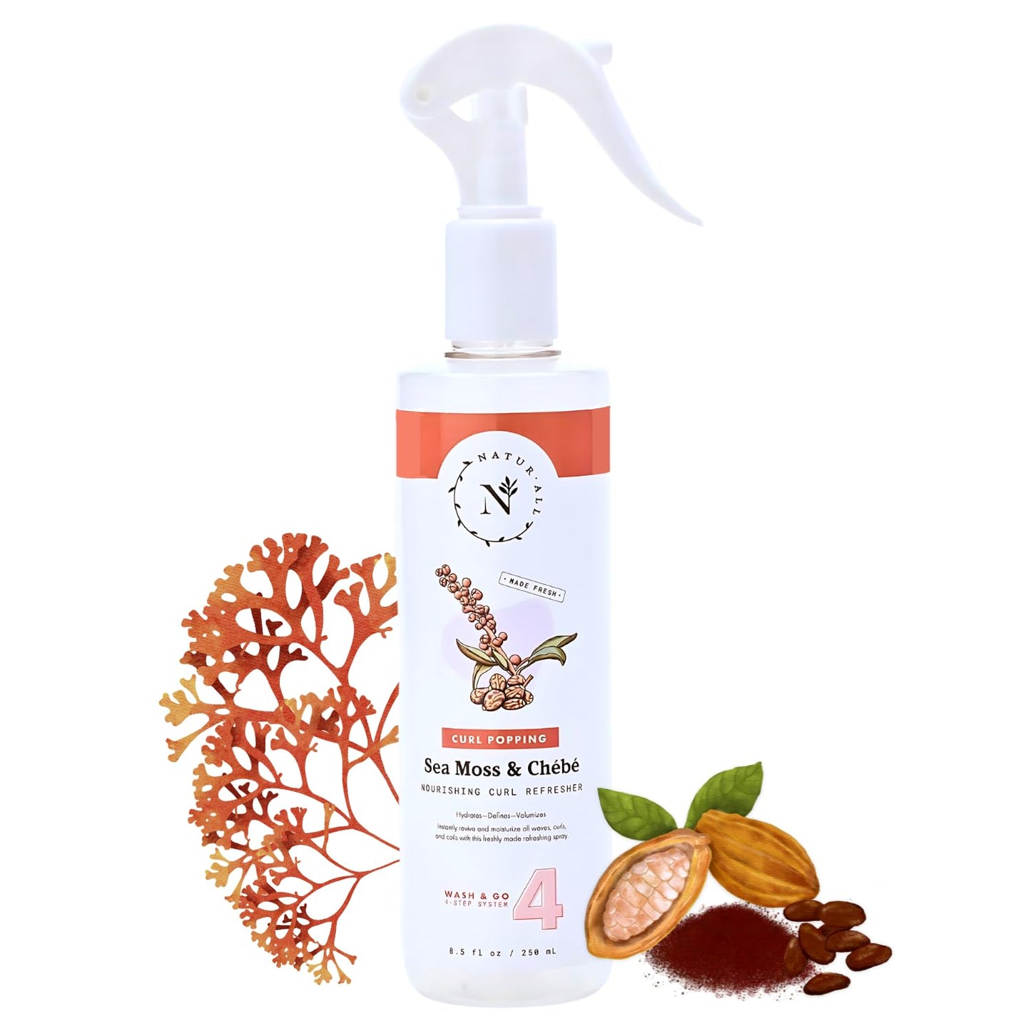 NaturAll Sea Moss & Chebe 8.5 Oz Curl Refresher Spray for Curly Hair, Coils and Waves All Natural Sulfate Free, Silicone Free, Hydrating & Nourishing Hair Mist for Women & Men