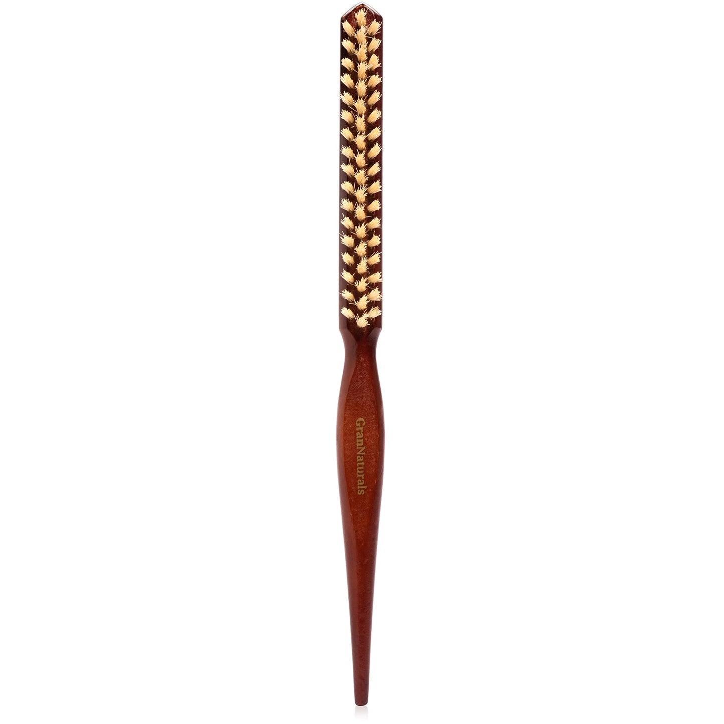 GranNaturals Soft Boar Bristle Teasing Brush for Slick Back Hair, Backcombing, Edge Control, Smoothing Baby Hairs to Create Volume and Sleek Hairstyle - White Bristles - Wooden Rat Tail Comb Handle