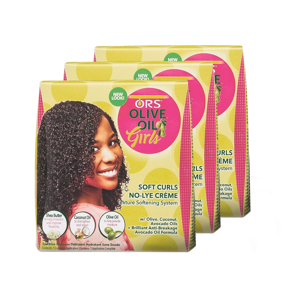 ORS Olive Oil Girls Soft Curls No-Lye Creme Texture Softening System Kit with Olive, Coconut & Avocado Oils (Pack of 3)