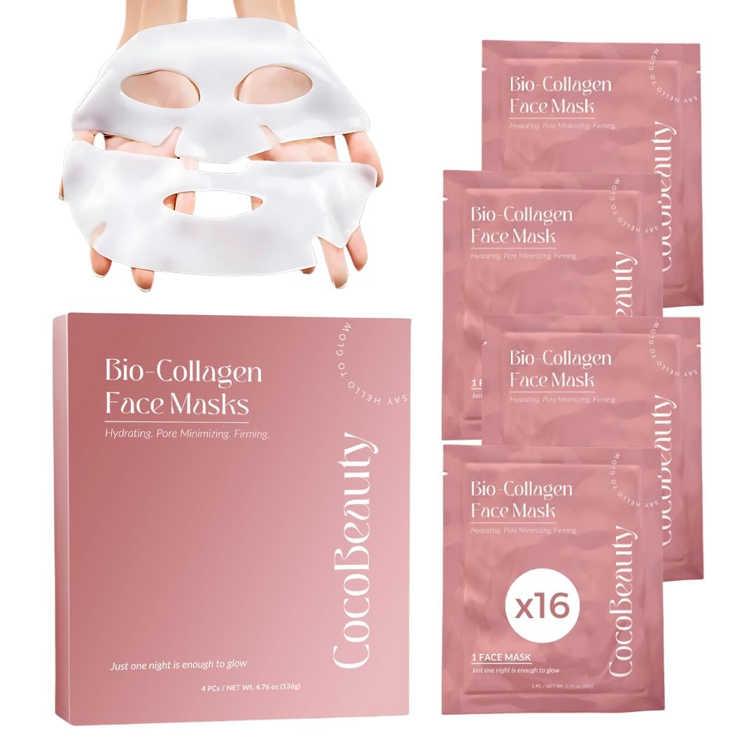 Bio Collagen Face Mask Hydrating & Anti-Aging Korean Collagen Sheet Masks, Deep Hydration, Smooths Fine Lines, Overnight Face Mask for Radiant Skin (16 pcs)