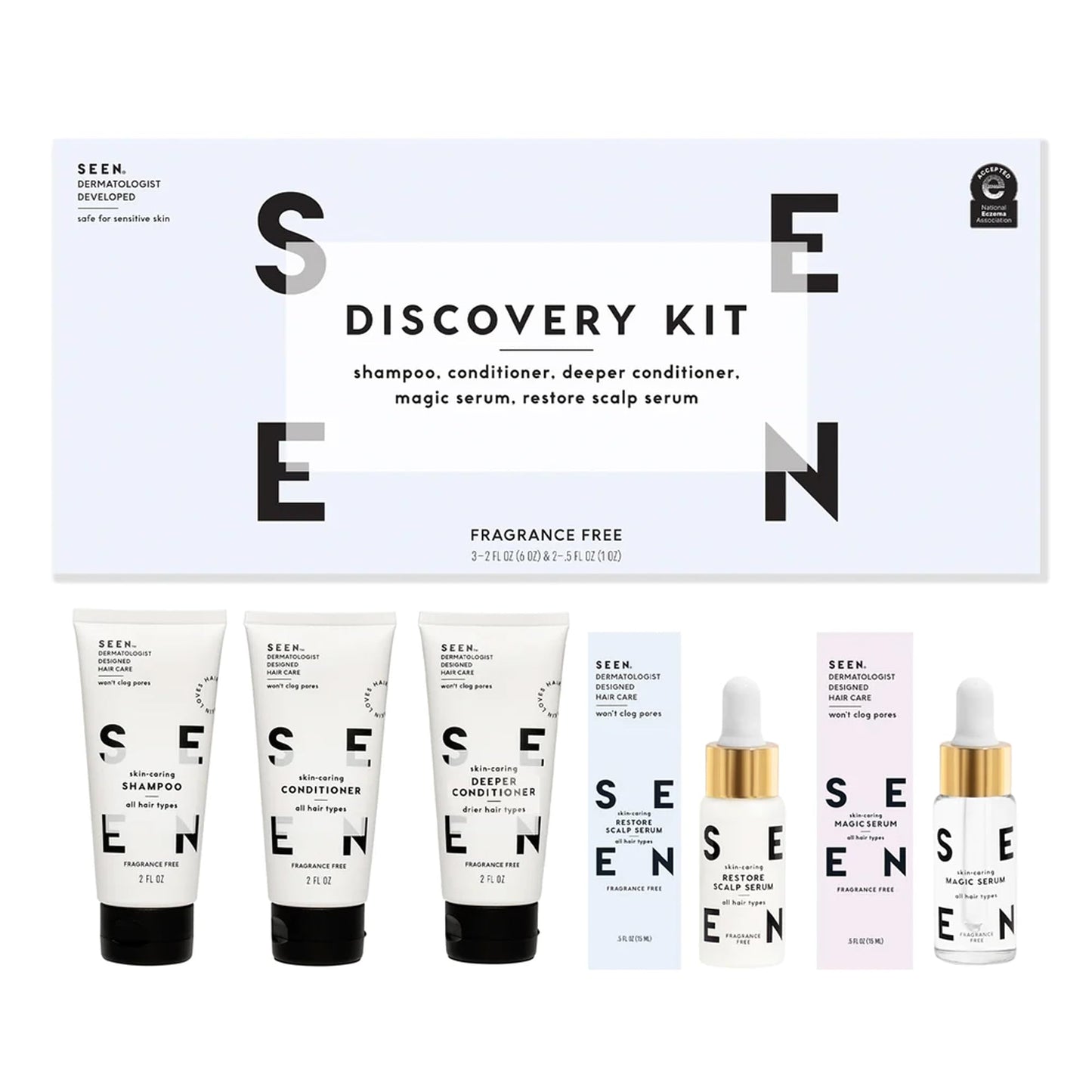 SEEN Discovery Kit - Fragrance Free - Non-Comedogenic & Sulfate-Free Hair Set- DERMAtologist-Developed - Safe for Sensitive, Eczema & Acne Prone Skin