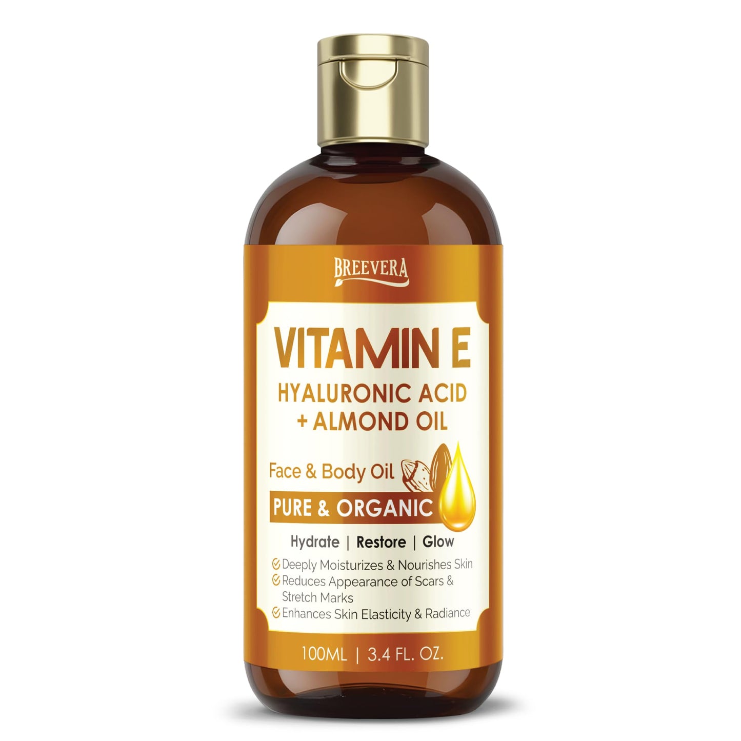 Vitamin E, Hyaluronic Acid & Almond Oil Face & Body Oil Hydrate, Restore & Glow, Moisturizes Skin, Reduces Scars & Stretch Marks, Enhances Elasticity, 100ml | 3.4 fl. oz.