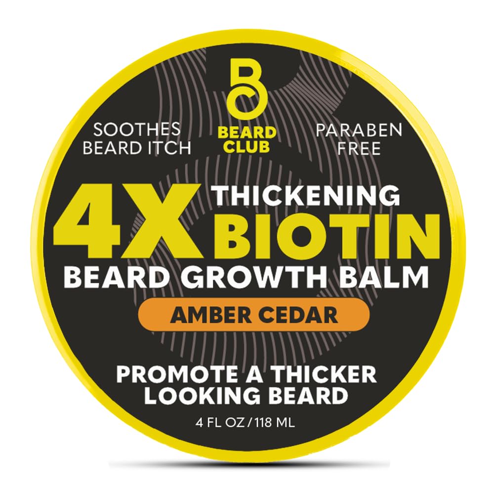 The Beard Club Biotin Beard Balm for Men - Beard Growth Shea Butter with Castor & Coconut Oil - Moisturizing, Hydrating and Softening Cream - Amber Cedar Scent - 4 oz