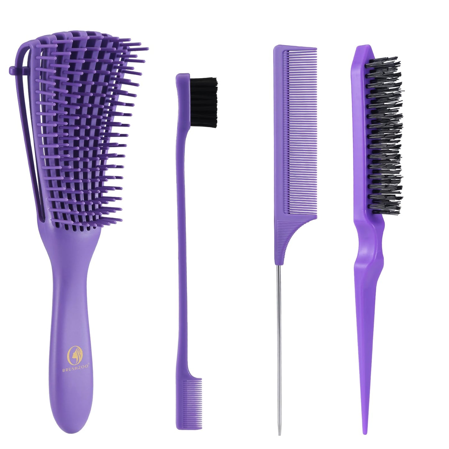 Hair Brush with Hair Styling Comb Set, Purple, Detangling Hair Brushes for Women Men Kids Curly Hair, Includes Detangler Brush, Teasing Hair Brush, Rat Tail Comb, Edge Brush