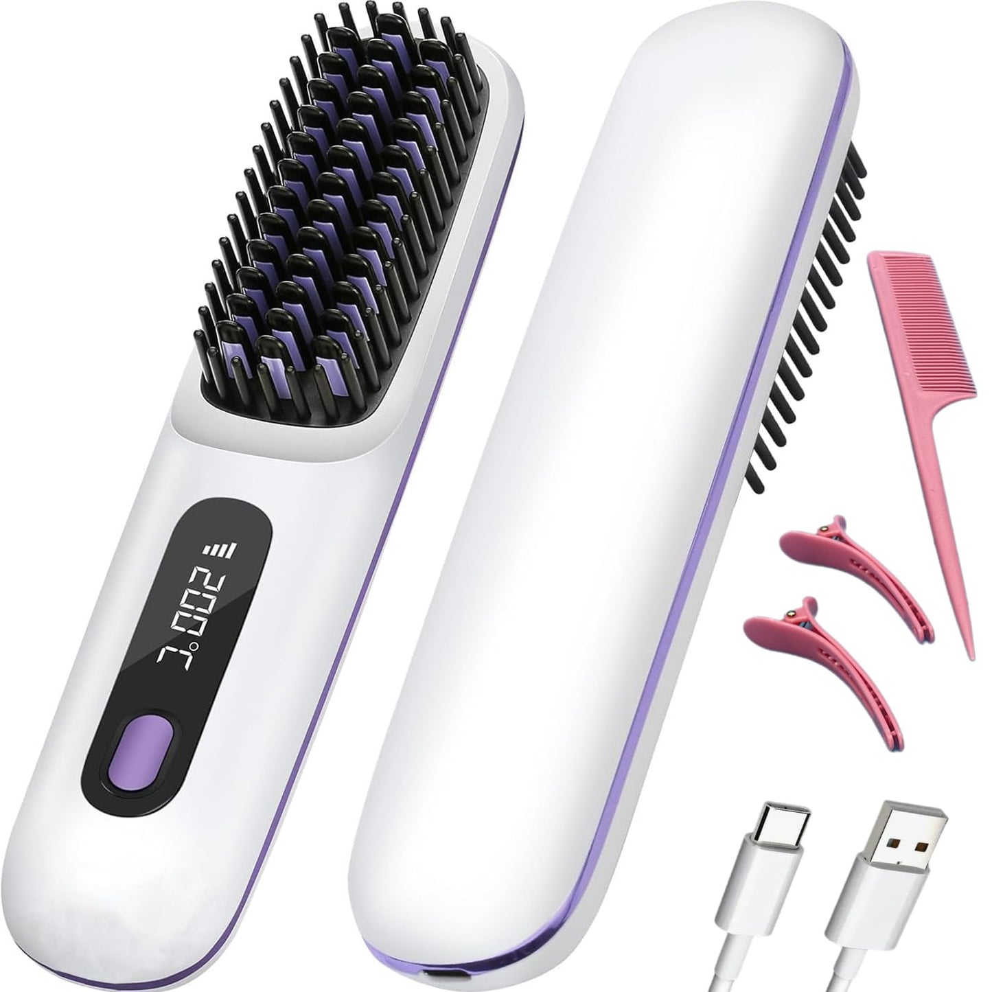 Numoya Go Brush Pro Cordless Hair Straightener Brush Portable Go Travel Hot Comb Mini Negative Ion Straightening Lazy Crimper Rechargeable 15 Minutes Auto Shutoff Gift for Women(White)