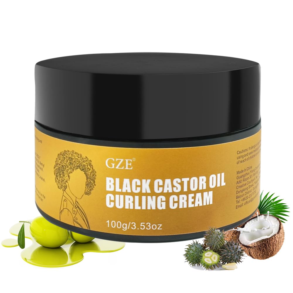 GZE Black Castor Oil Curling Cream - Curl Enhancer & Frizz Control For Curly Hair, Defines Curls Styling Cream 3.53oz