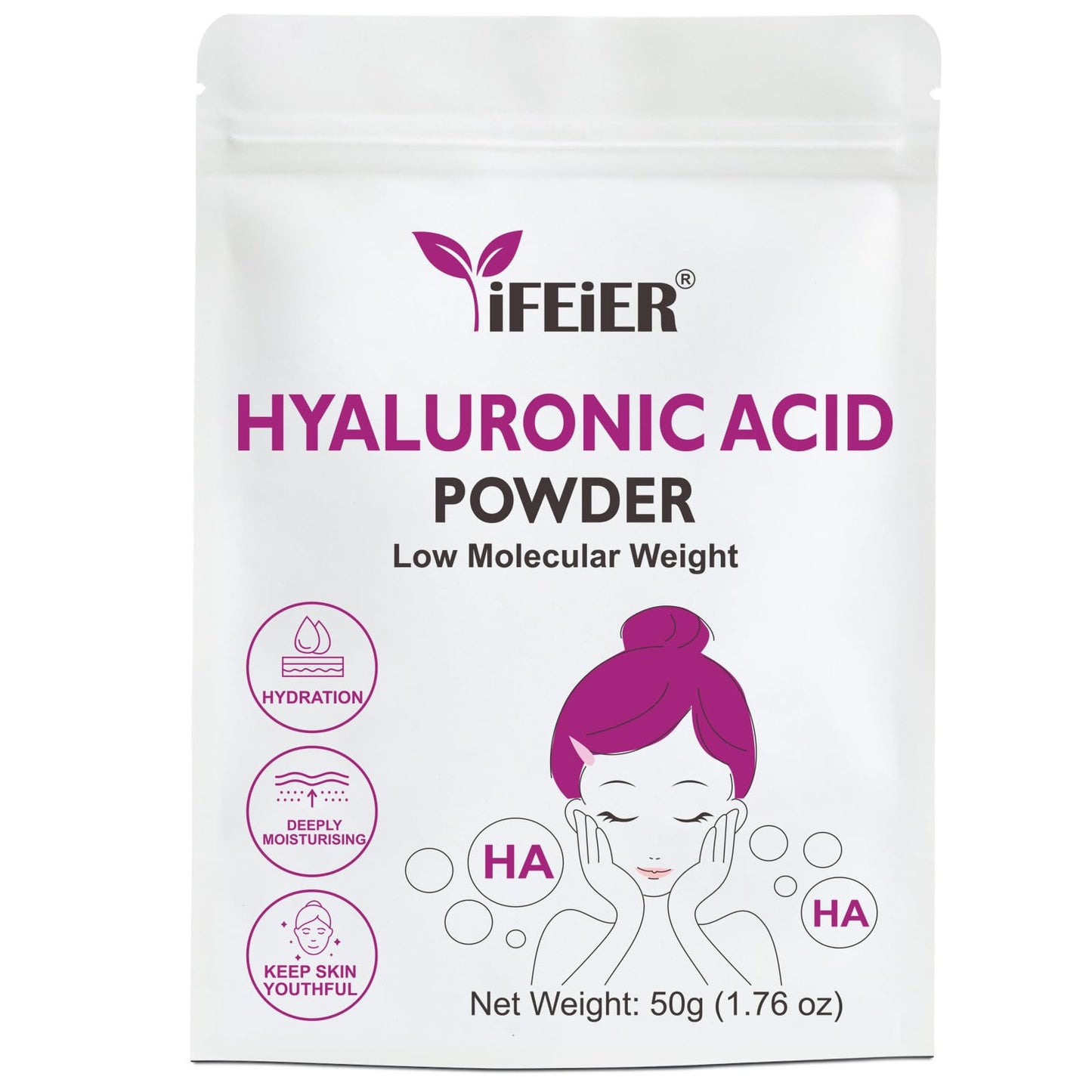 Hyaluronic Acid Powder | Low Molecular Weight Hyaluronic Acid Powder | 50g(1.76oz) Cosmetics Grade | Sodium Hyaluronate HA | LMW HMW HA ingredient for DIY Serums