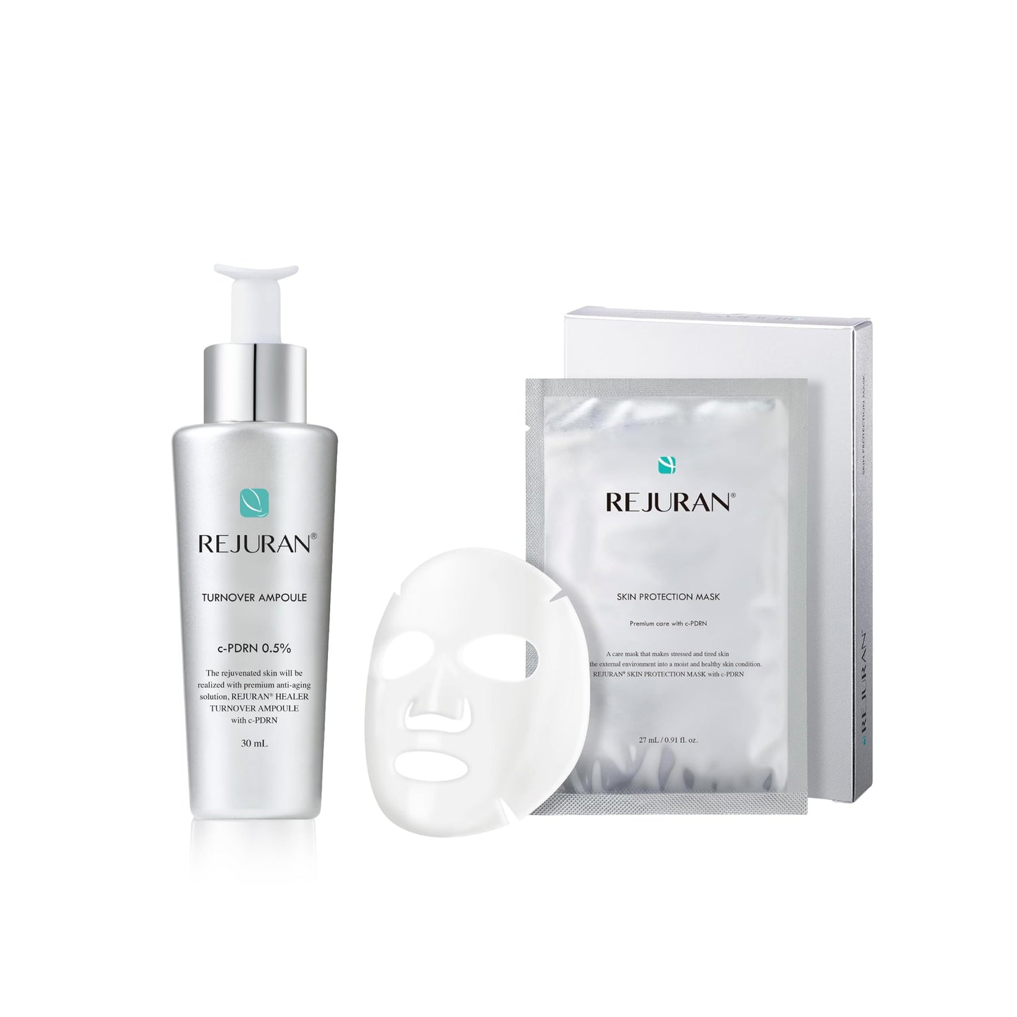 REJURAN¨ c-PDRN¨ Korean Skin Care Bundle Turnover Ampoule Serum (1.01 fl oz) & Skin Protection Hydrating Sheet Mask (5-Pack) for Firming, Soothing & Repairing Irritated Skin with Salmon DNA