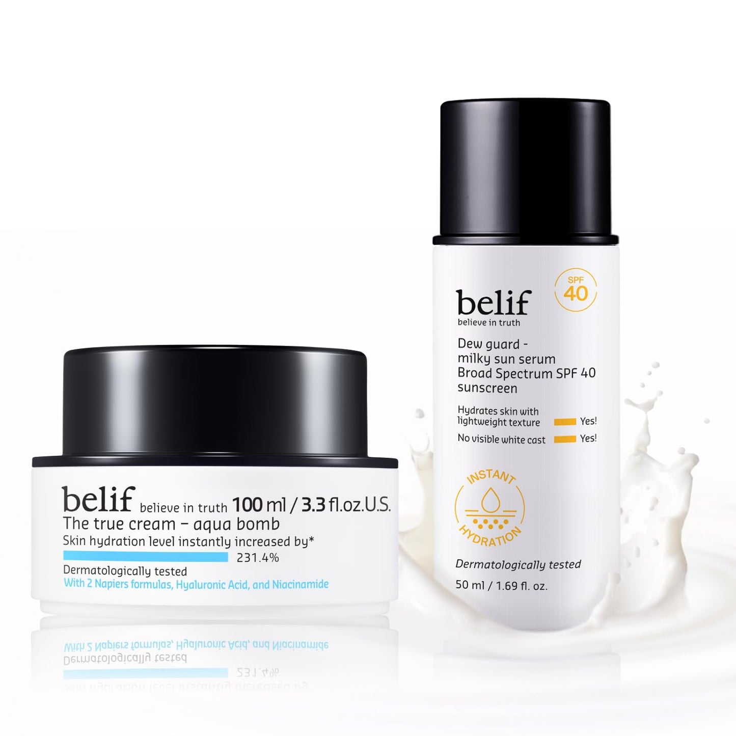 Belif Aqua Sun Serum Duo - Hydration & SPF Skincare Set | Lightweight Gel Cream Moisturizer (100ml) & Milky Niacinamide Sun Serum SPF 40, 12hr Moisture, No White Cast, Korean Skin Care