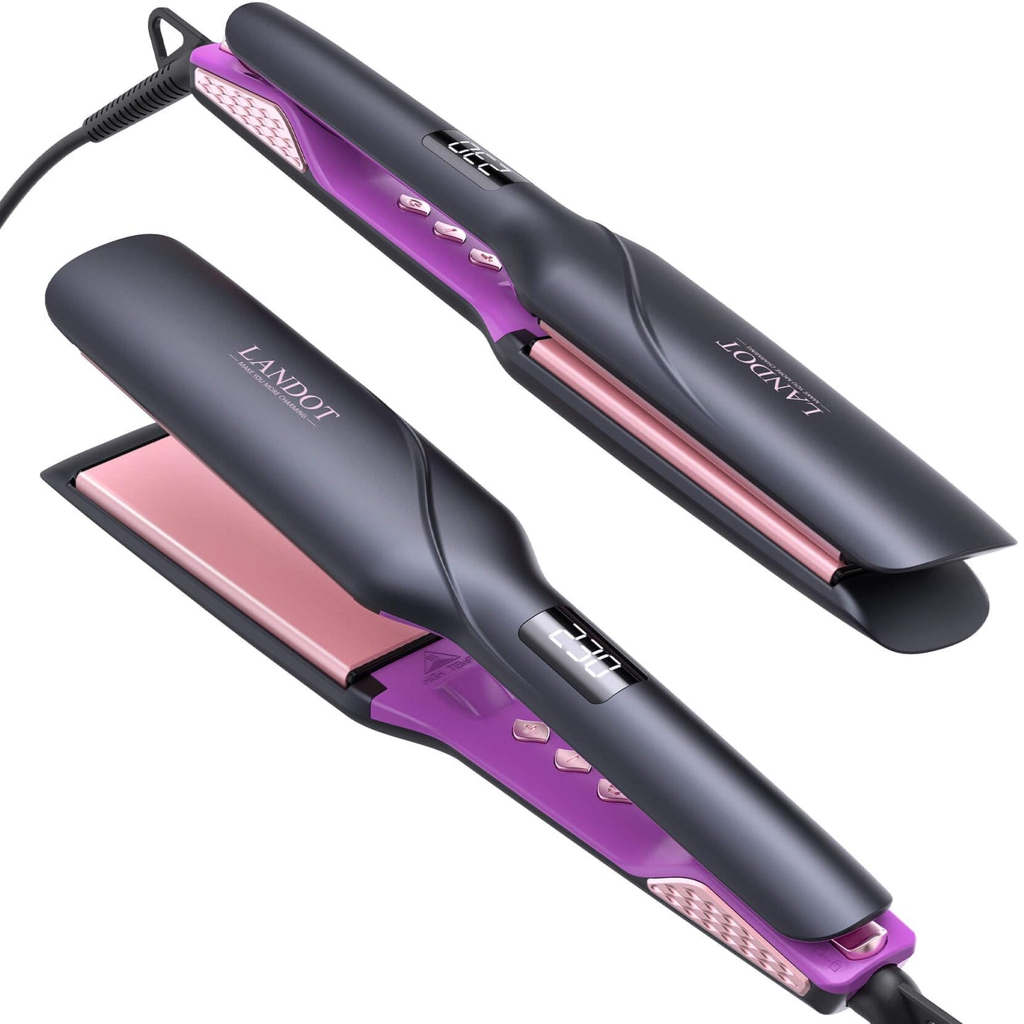 LANDOT Wide Flat Iron Hair Straightener for Fast Styling Thick/Long/Coarse Hair: 1-3/4 Inch Ceramic Straightener for Less Frizz, Smoother Shinier Results - Dual Voltage & 12 Temp Setting 250-450F