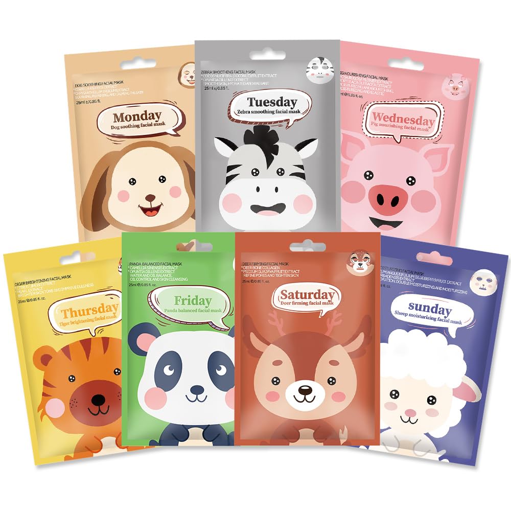 Kids Face Mask 7 Pack - Animal Character Sheet Masks, Spa Party Favors, Birthday Gifts for Girls, Sleepover Essentials, Korean Skincare, Cute & Fun Facial Masks, Vegan & Cruelty-Free