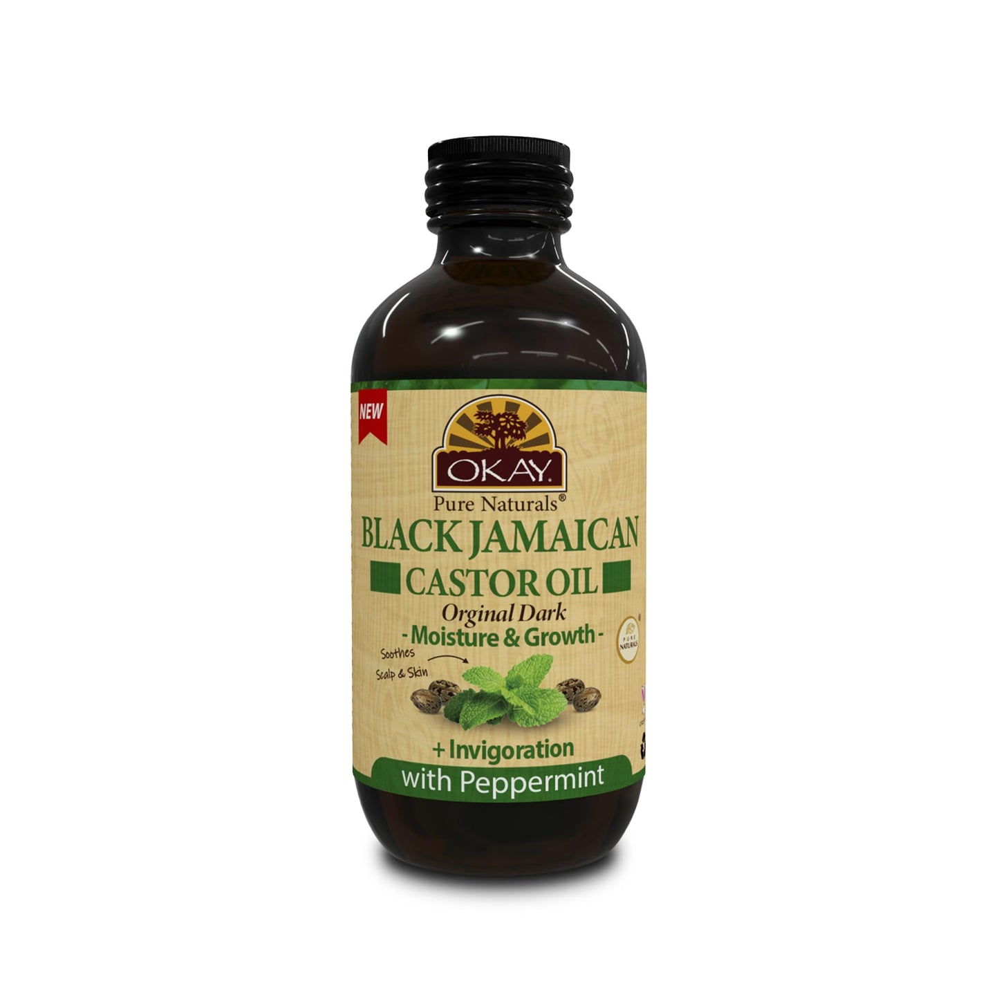 Okay Pure Naturals Black Jamaican Castor Oil - Castor Oil for Hair Growth, Moisture for Skin, Face, Scalp, Eyelashes, Eyebrows - Hair Oil for Men & Women - Peppermint, 4 oz Glass Bottle