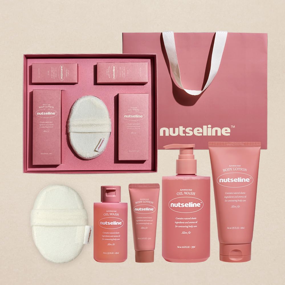 AROMA NUT Natural Body Care Gift Set Korean Skincare Firming Oil Wash 315ml + Body Lotion 200ml + Travel Sizes + Body Sponge | Moisturizing, Aromatherapy Spa Kit