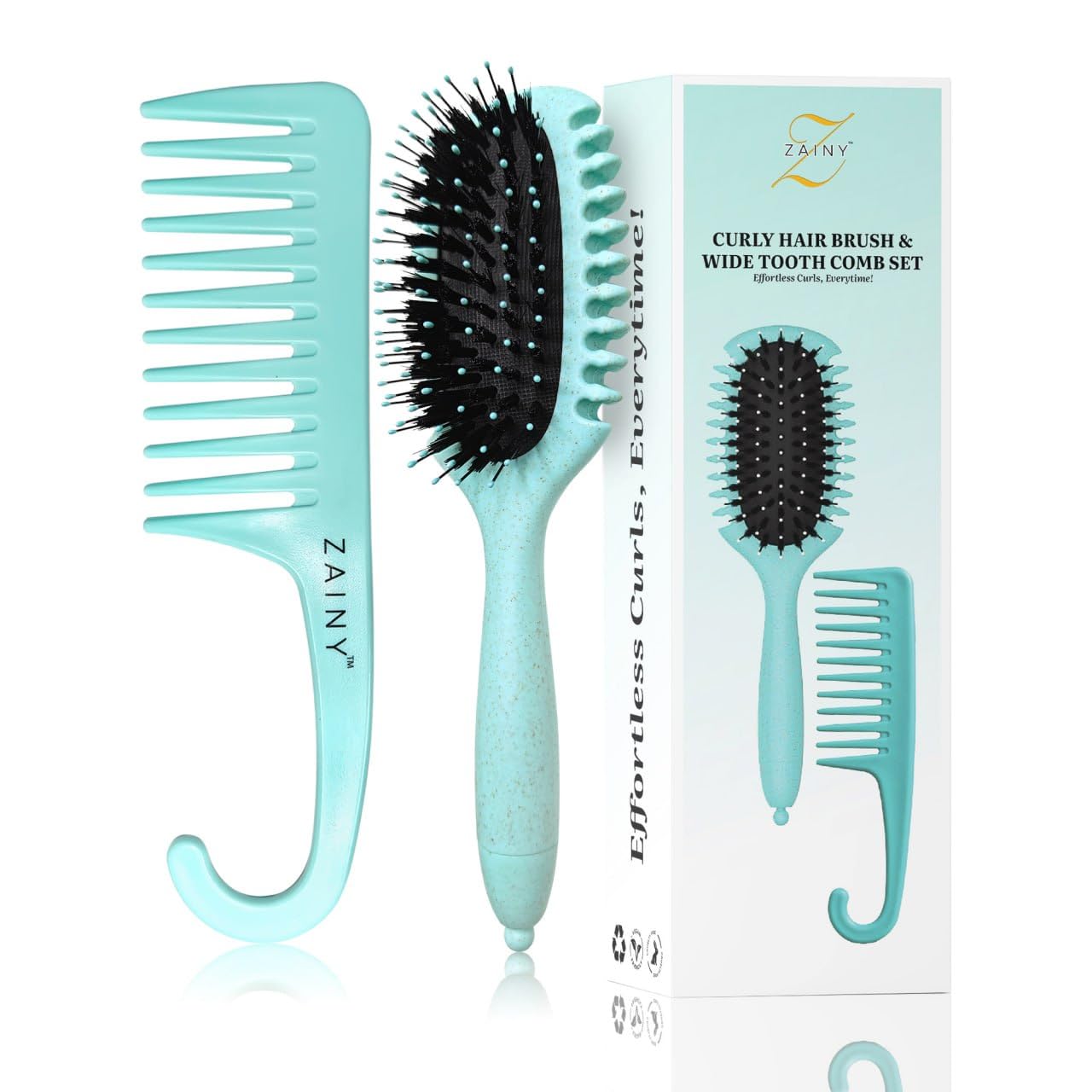 Curl Defining Brush, ZAINY Curly Hair Brush & Wide Tooth Comb Detangling Set of 2 Pack Volume Brush & Shower Comb for Effortlessly Shaping Defined Curls, Cute Styling Hairbrush for Women & Girls, Teal