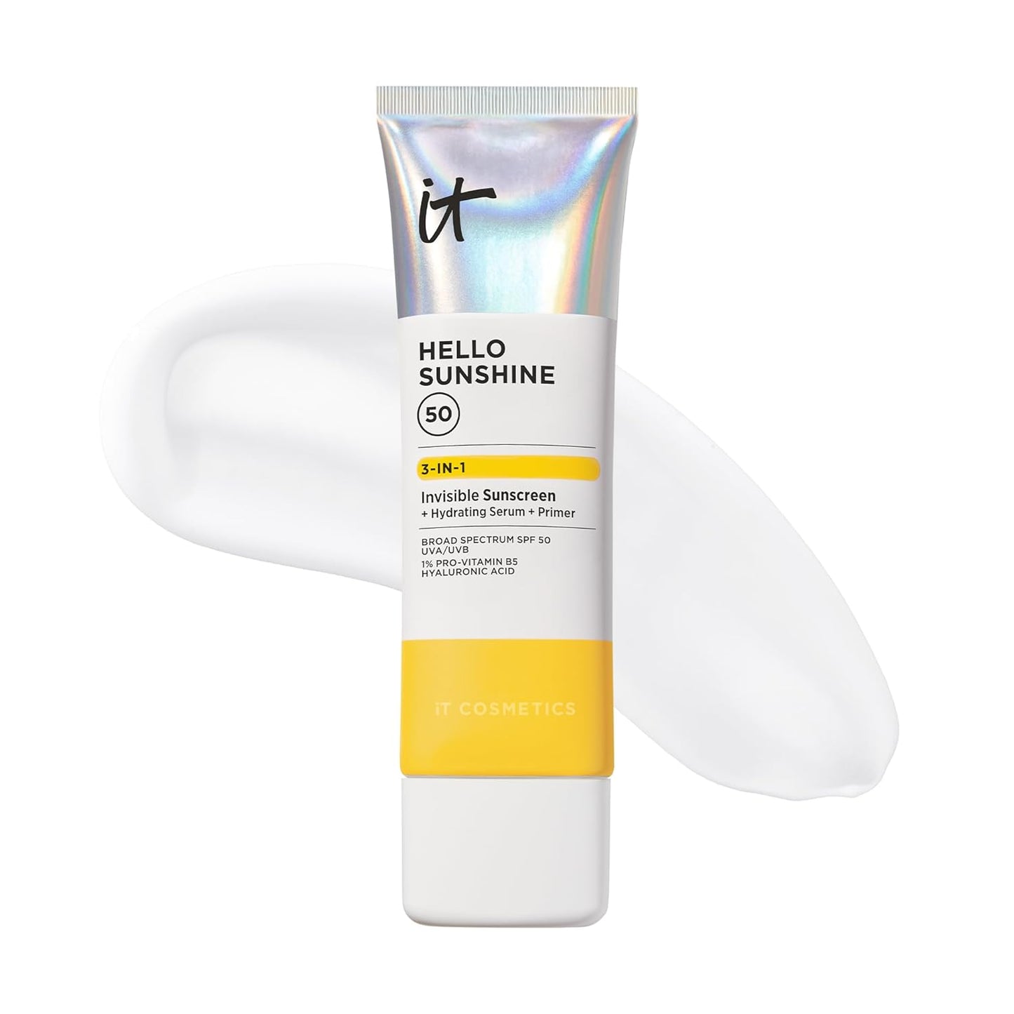 IT Cosmetics Hello Sunshine Invisible Sunscreen for Face SPF 50 - Sunscreen, Hydrating Serum & Makeup Primer - 1% Pro-Vitamin B5 & Hyaluronic Acid - HSA/FSA Eligible - No White Cast 2.7 Fl Oz