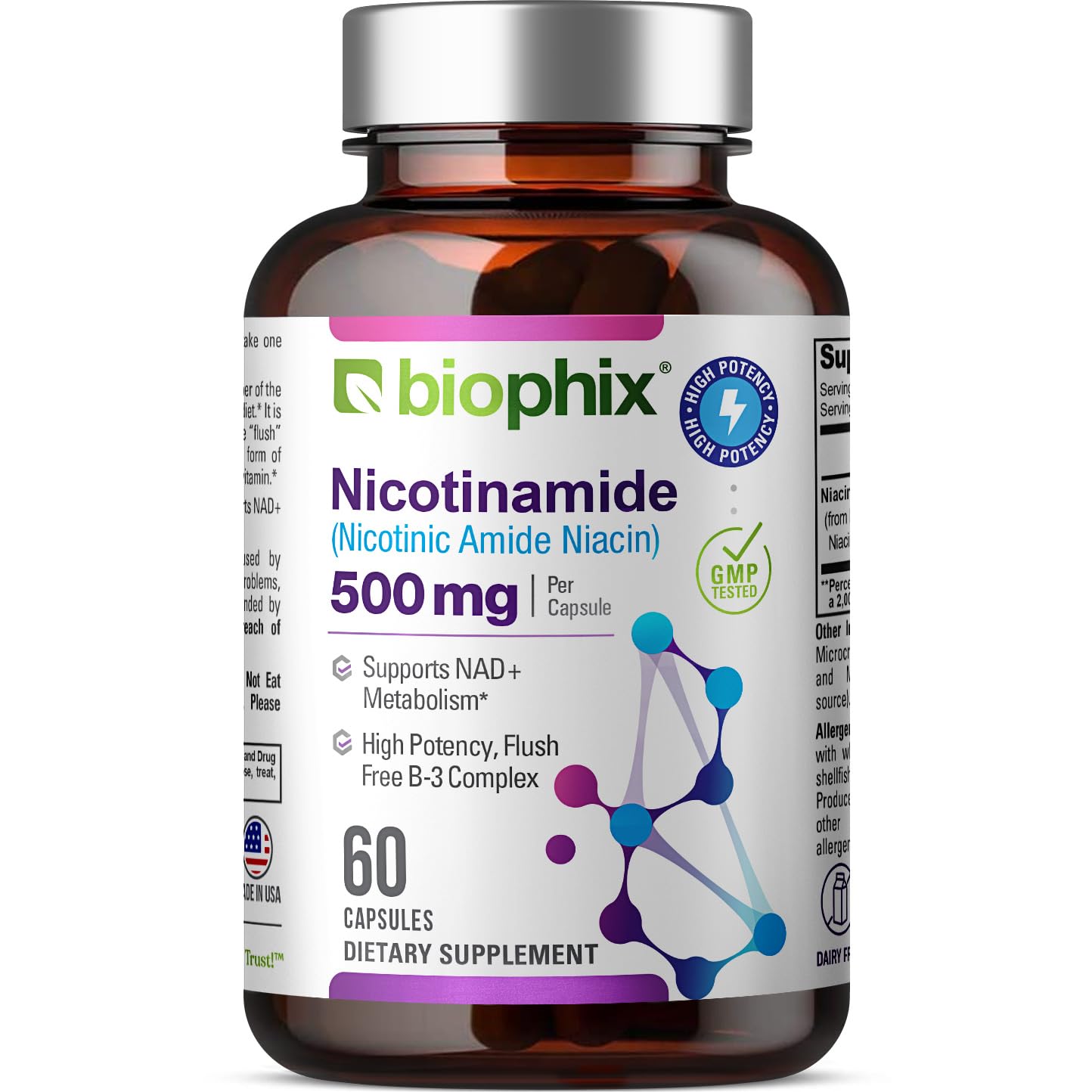 biophix B-3 Nicotinamide 500 mg 60 Caps - Nicotinic Amide Niacin Natural Flush-Free Vitamin Formula - Supports Skin Cell Health