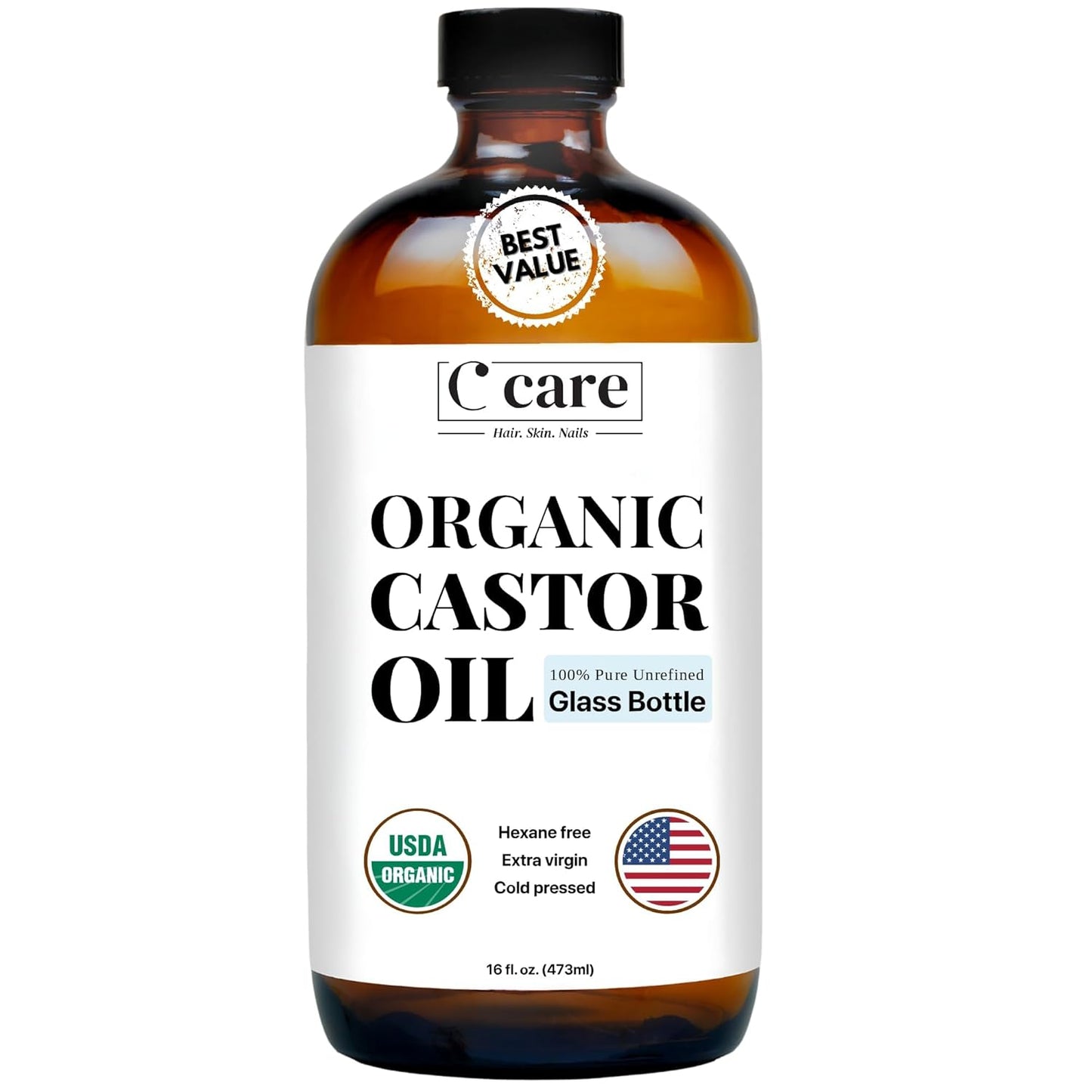 Castor Oil Organic Cold Pressed Unrefined Glass Bottle, 16 Fl Oz, USDA Certified, Natural Hair Growth, Carrier Oil for Thicker and Fuller Eyelashes, Eyebrows