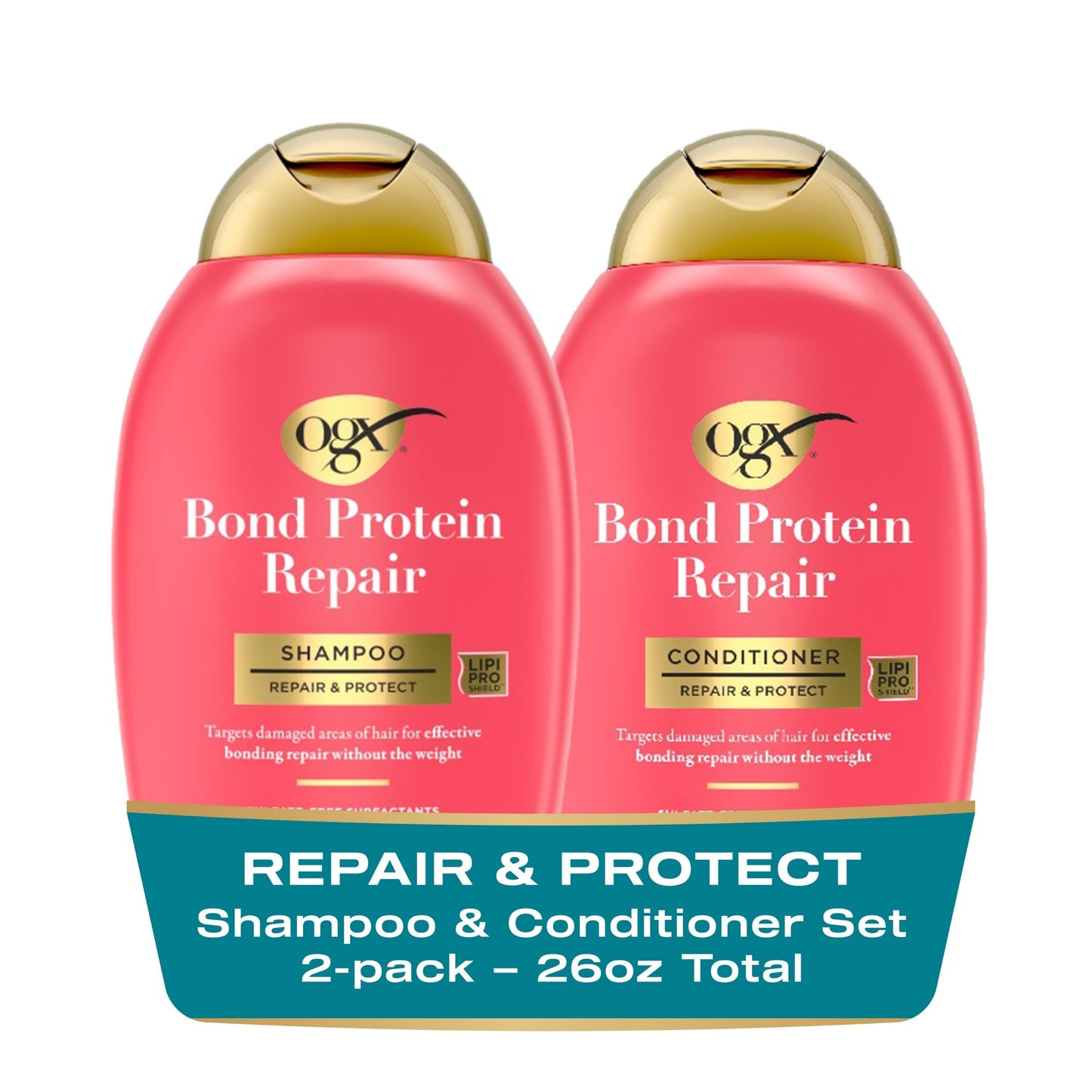 OGX Repair + Protect Bond Protein Repair Shampoo + Conditioner, Targets Damaged Areas of Hair for Effective Bond Repair, Sulfate-Free Surfactants, 13 fl. Oz (Pack of 2)