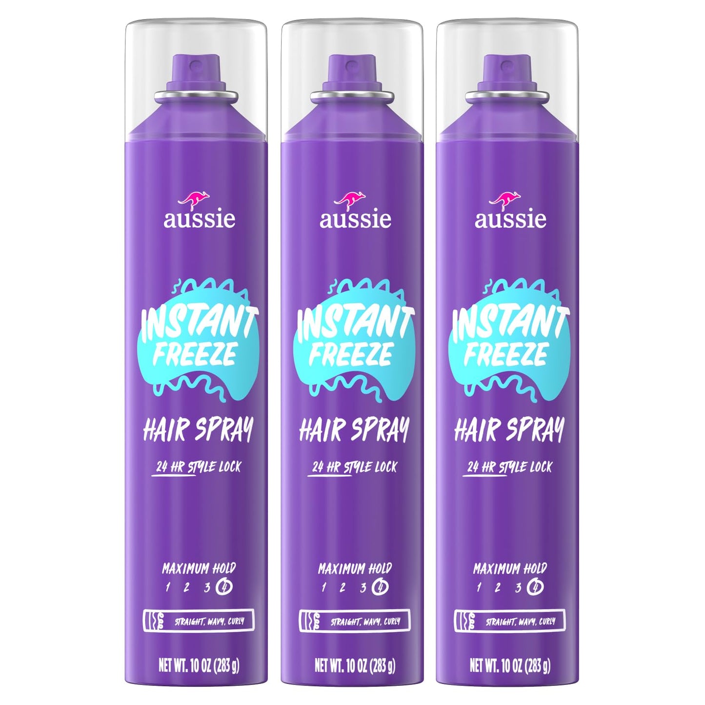 AUSSIE Instant Freeze Hair Spray for Extreme Hold, Infused with Jojoba Oil & Sea Kelp, Long-Lasting All-Day Hold, Fresh Citrus Scent, Safe for All Hair Types, 10 Fl Oz, 3 Pack