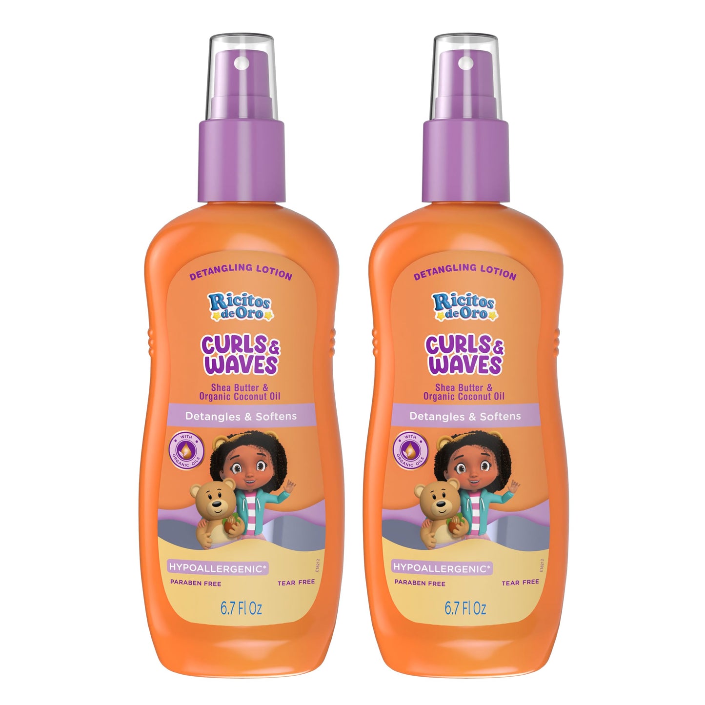 Ricitos de Oro Detangler Spray for Kids: Detangles and Softens Curls, Shea Butter insused for Soft Hair, Frizz-Free Control, Sensitive Scalps safe, Keeps Curls Bouncy and Defined, Size 6.7 Oz, 2-Pack