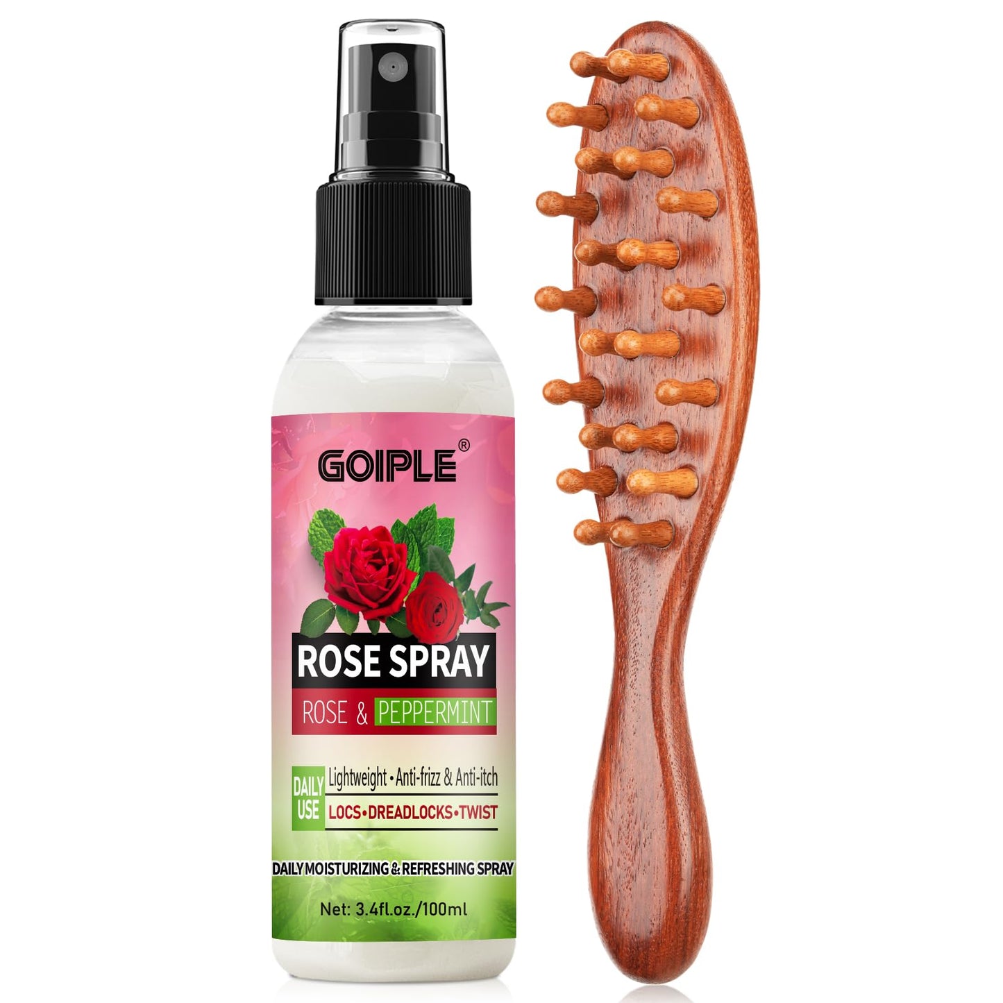 Rose Water for Hair Loc Spray Refreshing for Locs - Rose Water Hair Scalp Moisturizer Hydrating Dreadlock Rosewater & Peppermint Spray - Loc Brush for Dreads Comfortable Massage Wide Tooth Comb (2PCS)