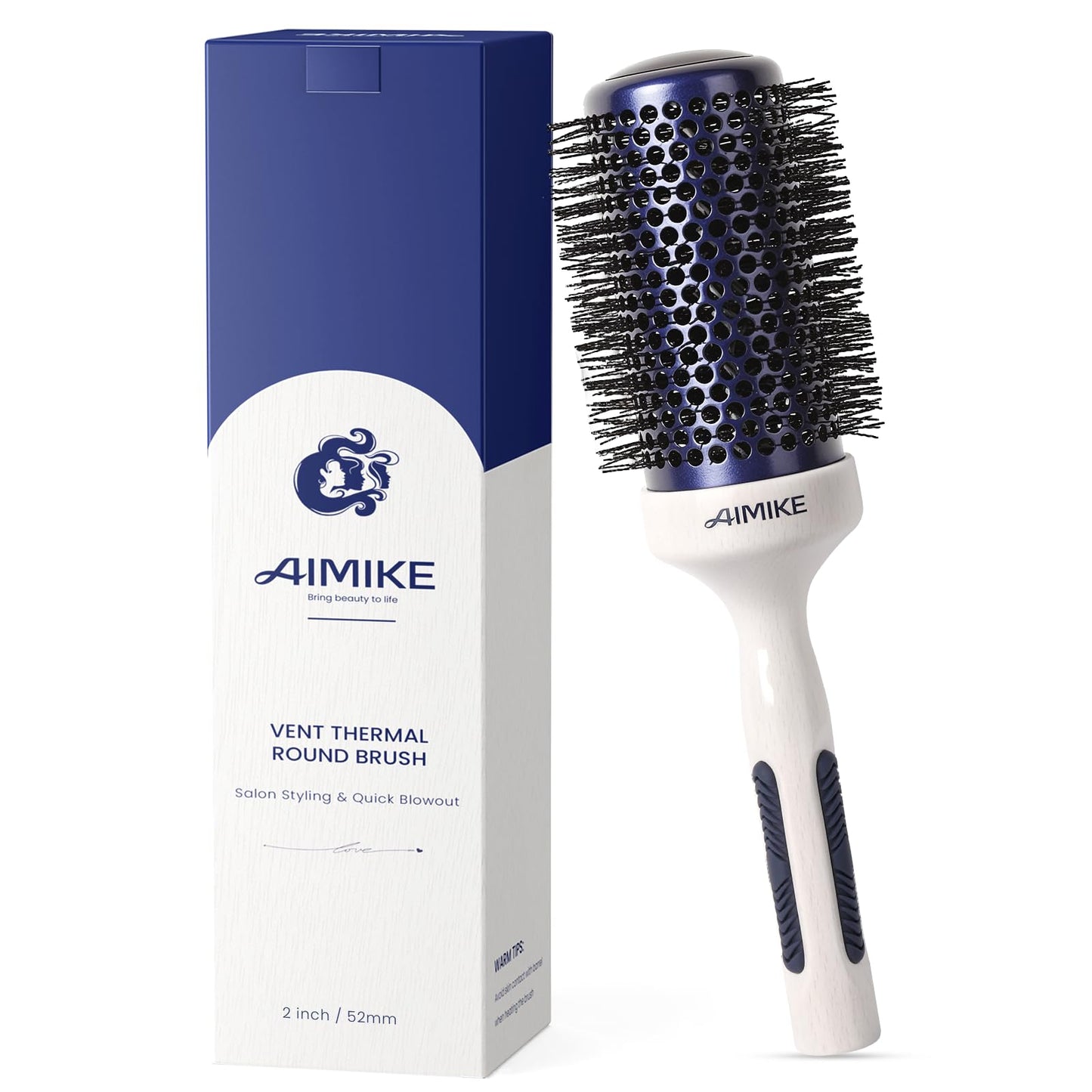 AIMIKE Nano Ionic Tech Large Round Brush, Ceramic Brush for Blow Drying, Styling and Boosting Volume, Natural Wood Handle - 2 Inch/52mm