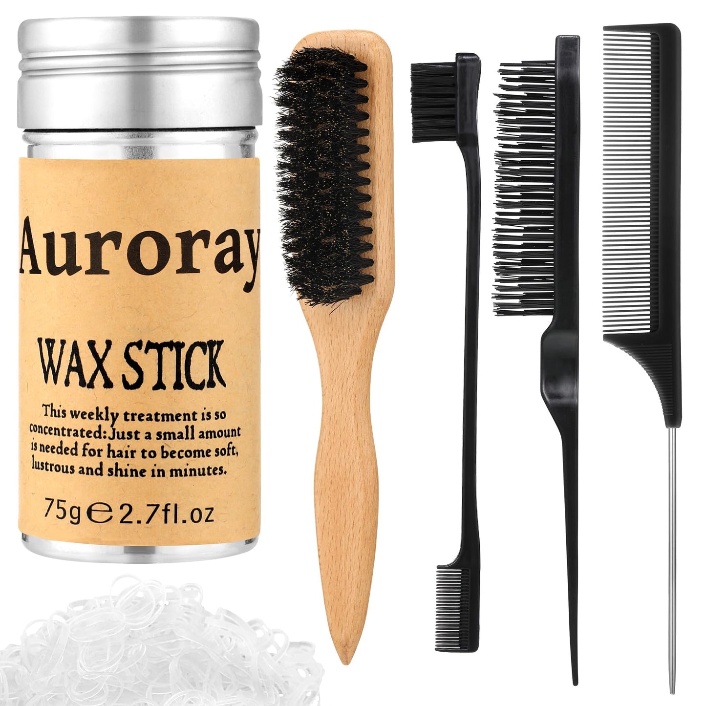 Boar Bristle Slick Back Hair Brush Comb with Wide Boar Bristle Brush,Hair Wax Stick,500PCS Elastic Rubber Bands for Women and Men Sectioning,Parting