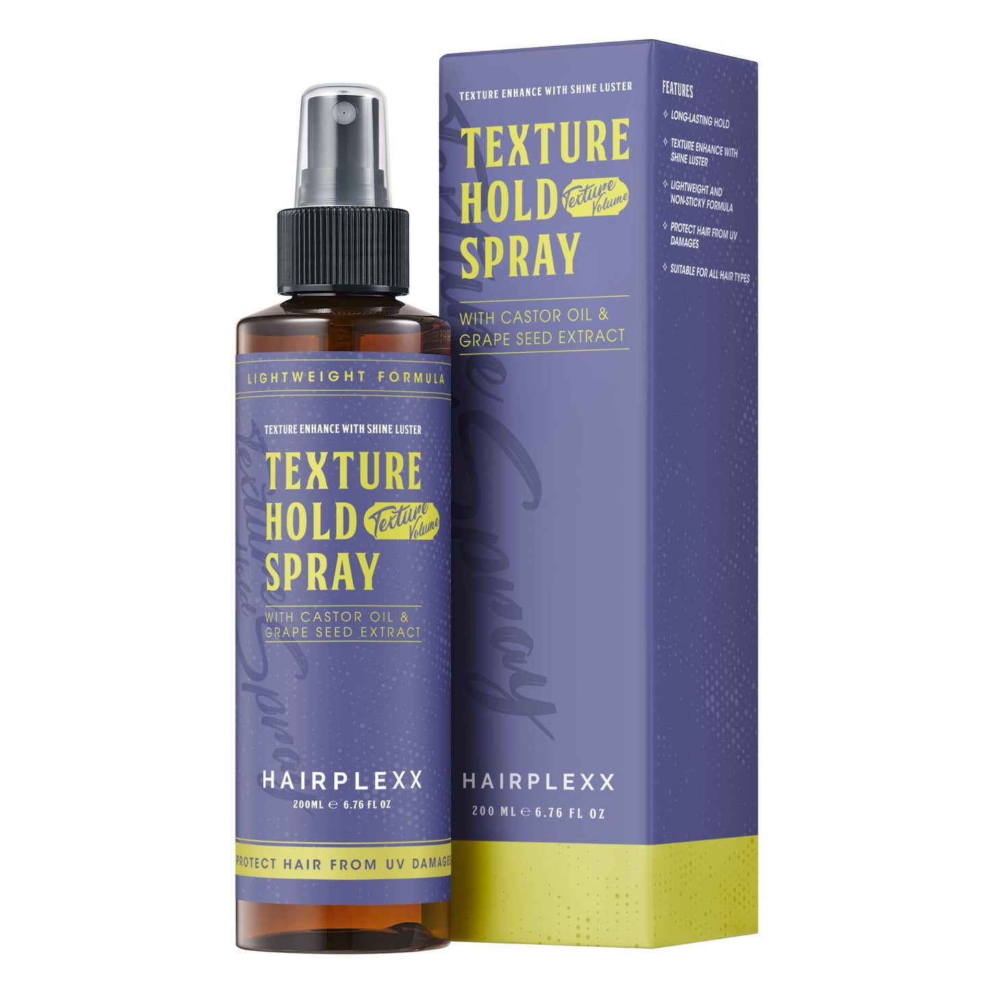 Texture Hold Spray Hard Hold Styling Spray with Shine | Lightweight Formula with Castor Oil & Grape Seed Extract Adds Texture, Volume & UV Protection 6.76 oz