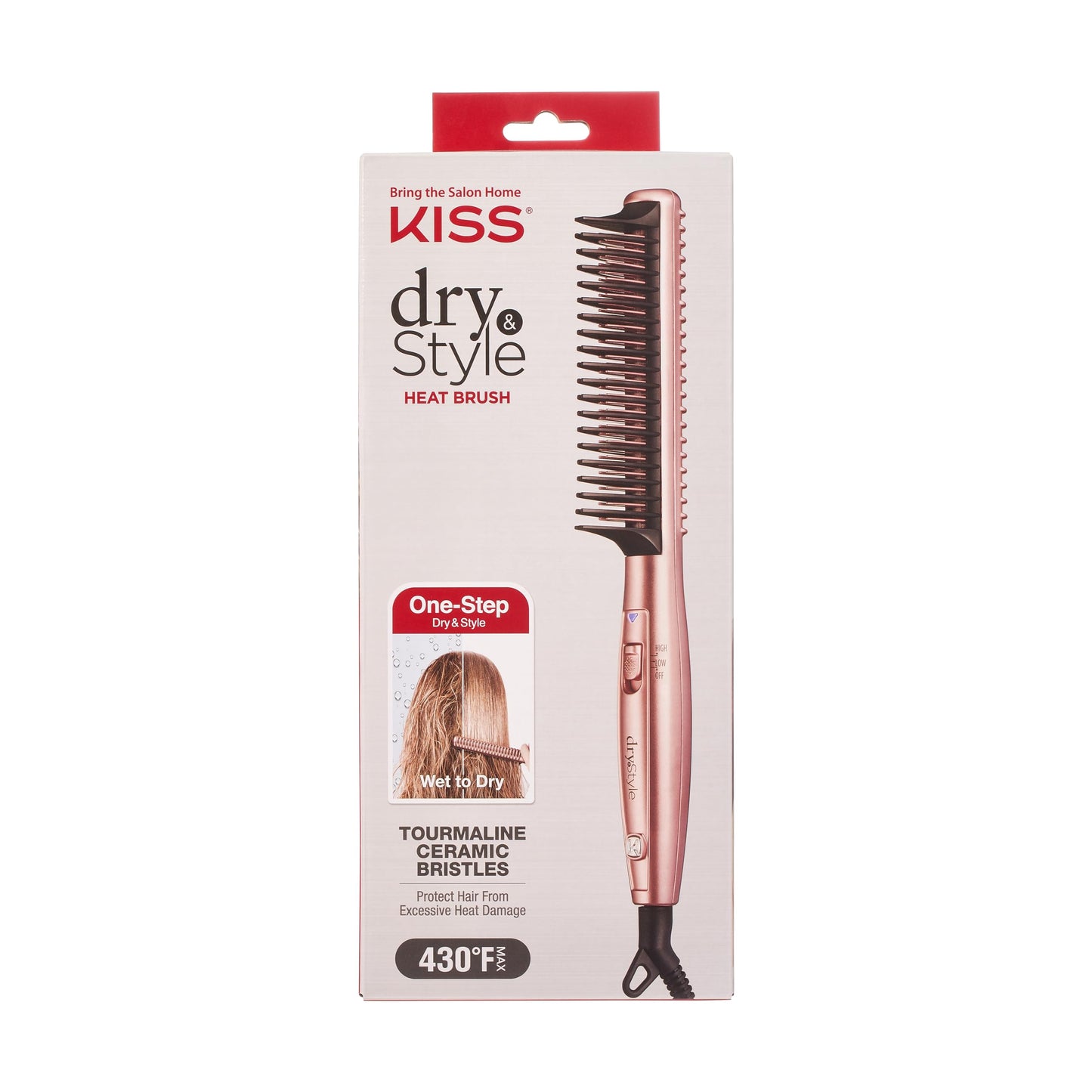 KISS Dry and Style Heat Brush, Wet to Dry Detangling and Volumizing Hot Comb, Tourmaline Ceramic Bristles, 2 Temperature Settings, Ultra Lightweight Handle, 360¡ Swivel Power Cord