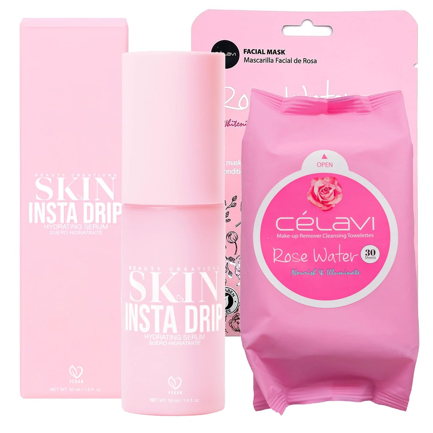 Bundle of 3 Korean Skincare Vegan Skin Beauty Creations Insta Drip Hydrating Serum CŽlavi Korean Makeup Remover Cleansing Wipes & Korean Facial Mask Paraben, Sulfate & Oil Free