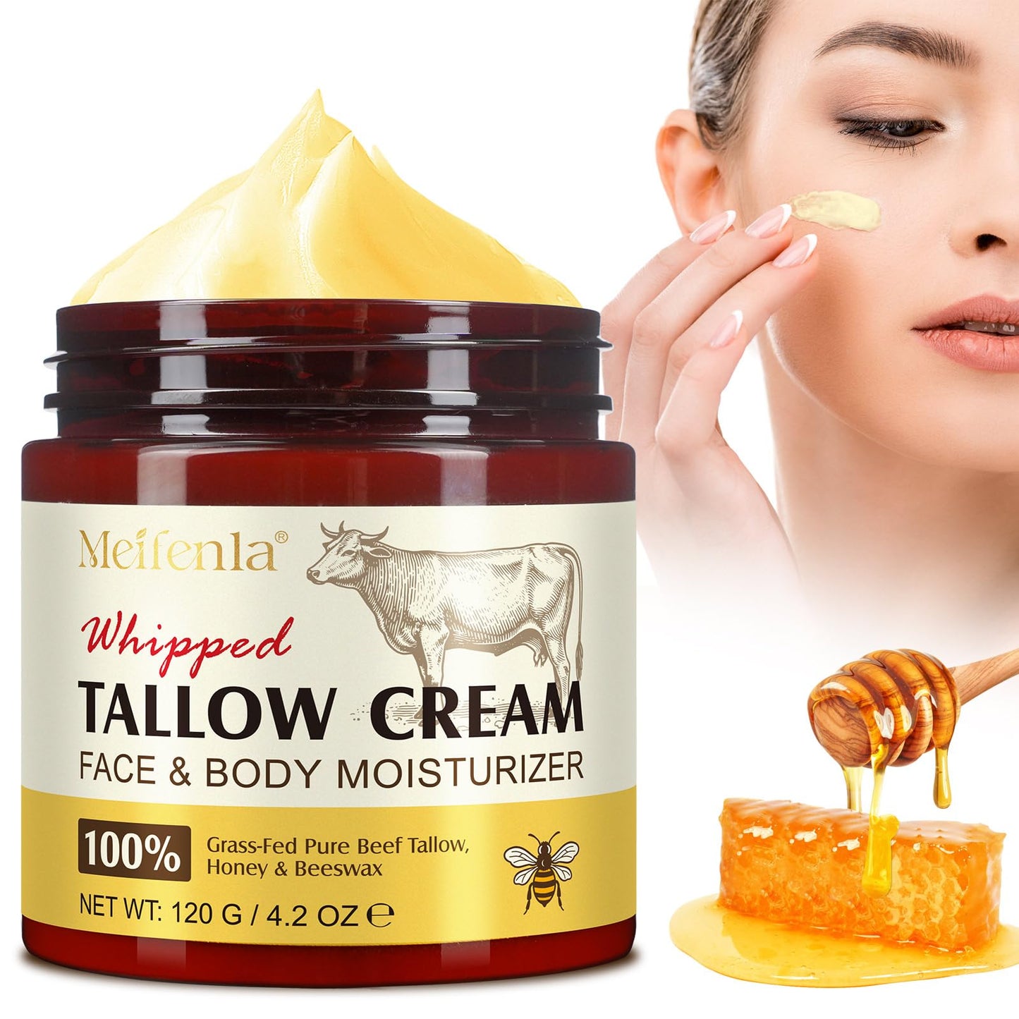 Beef Tallow for Skin, Tallow and Honey Cream Natural Tallow Face Moisturizer, Hydrating Beef Tallow Balm Deeply Moisturizing for Face & Body Skin Care