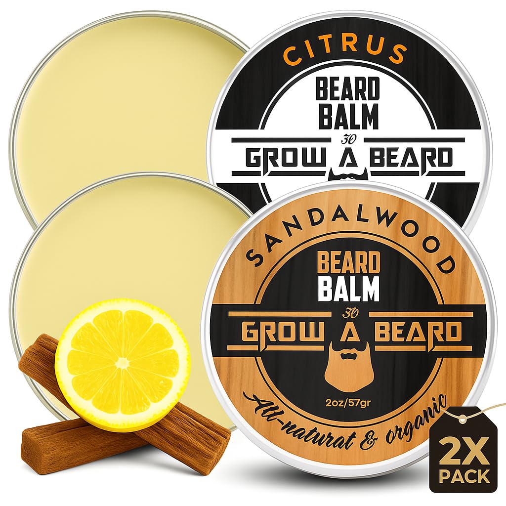 Beard Balm for Men, 2oz Sandalwood & 2oz Citrus Scent, w/Jojoba Oil & Shea Butter, Styling Cream for Men, Moisturizer & Softener, Beard Care Leave in Conditioner (2 Pack)