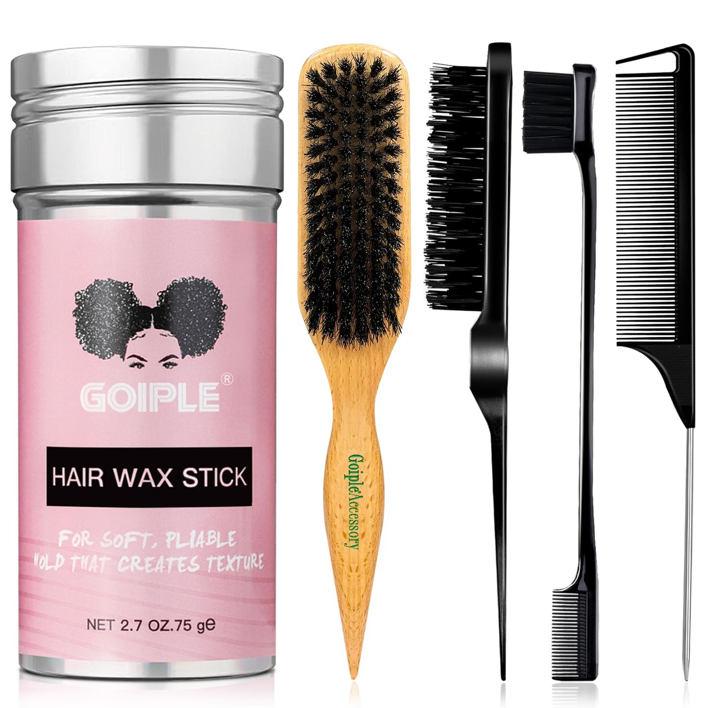 Slick Back Hair Brush Set Teasing Boar Bristle Brush, Hair Wax Stick, Edge Brushes, Rat Tail Comb, Teasing Comb, Wooden Slickback Hairbrush Accessories, Smoothing Combs for Women & Kids (5PCS)