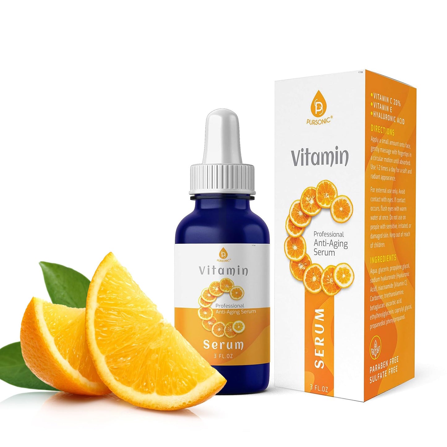 Pursonic Vitamin C Serum, 20% is a high potency Best Organic Anti-Aging Moisturizer Serum for Face, Neck & DŽcollete and Eye Treatment (3 fl. oz)