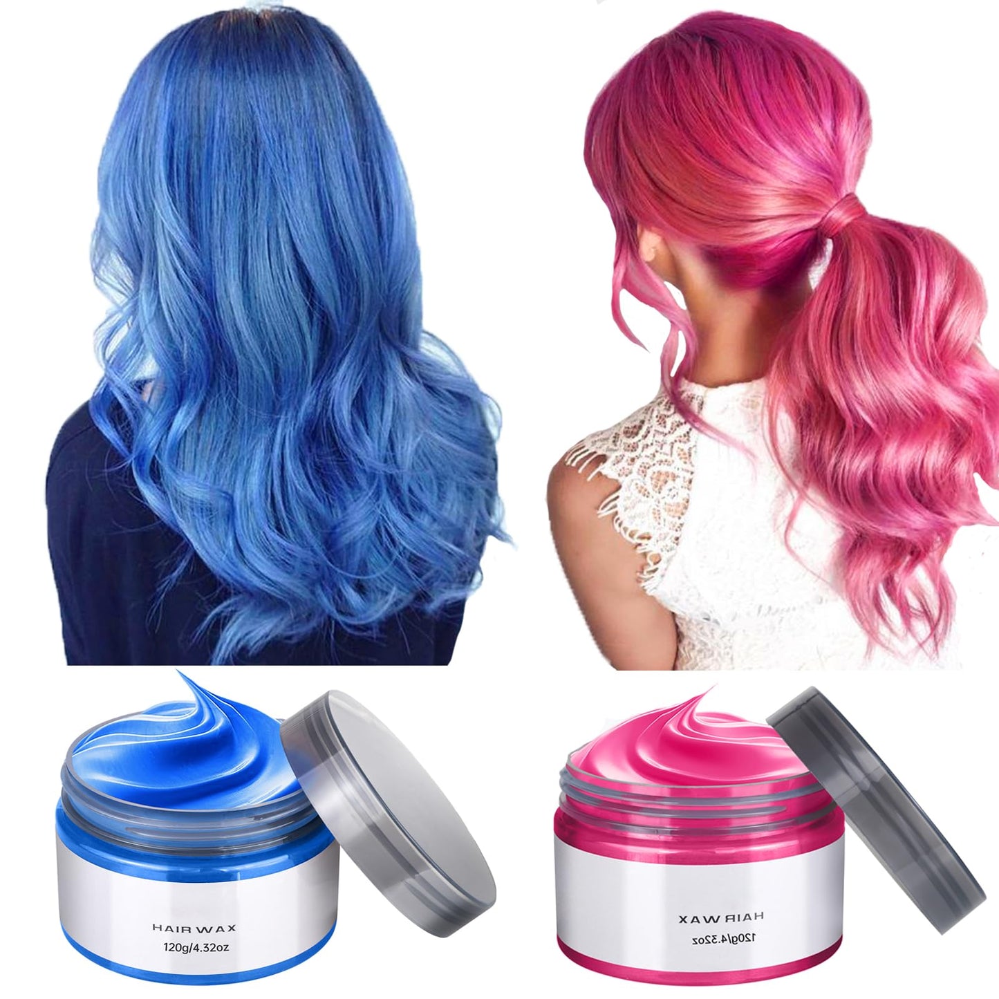 Temporary Hair Color Wax Washable & Non-Toxic Hair Styling Clay for Girls Kids Age 4-12+ Pink & Blue Hair Dye for Halloween, Cosplay, Birthday, Christmas, Party