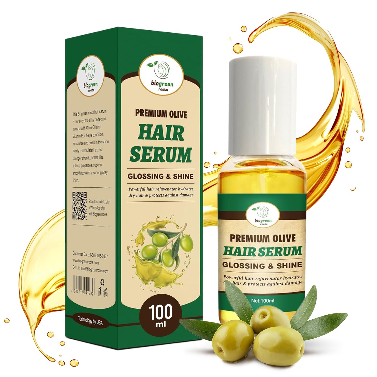 Olive Oil Hair Serum - Smoothing Gloss with Olive Oil & Vitamin E - For Frizzy, Dry, Damaged Hair - Supports Shine, Softness, and Manageability - Lightweight Anti-Frizz Formula - 100ml
