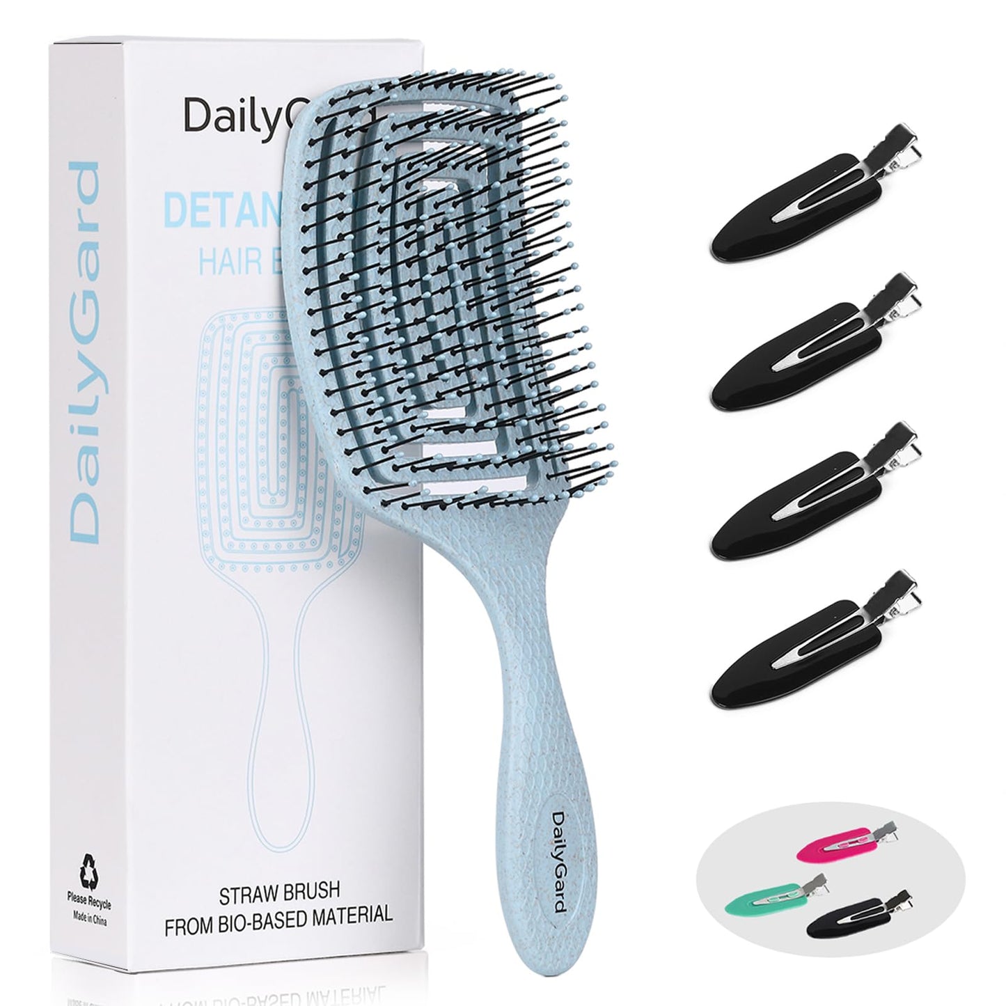 Detangling Brush, Dry and Wet Vented Detangler Hair Brush for Women and Men, Professional Paddle Curved Styling Hairbrush with 4 Randomly Coloured Hair Clips(Black, Pink or Green), Blue