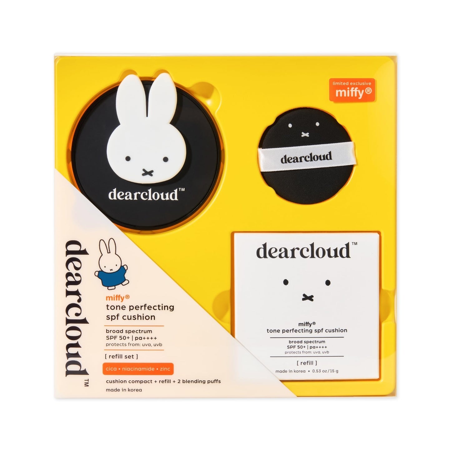 Miffy Dear Sun Tone Perfecting SPF Cushion Refill Set SPF 50+ Color Adapting Sunscreen, Korean Sunscreen SPF 50 (.53 oz)