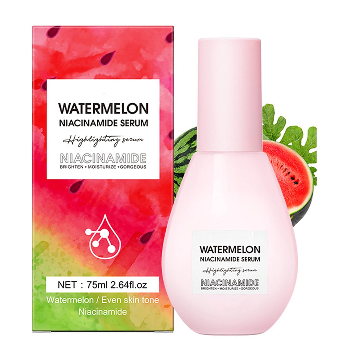 Watermelon Niacinamide Moisturize Serum for Face Skin Care, Hydrating & Brighten with Hyaluronic Acid, Glycerin and Vitamin E, Lightweight Facial Serum & Priming Liquid Highlighter(75ml)